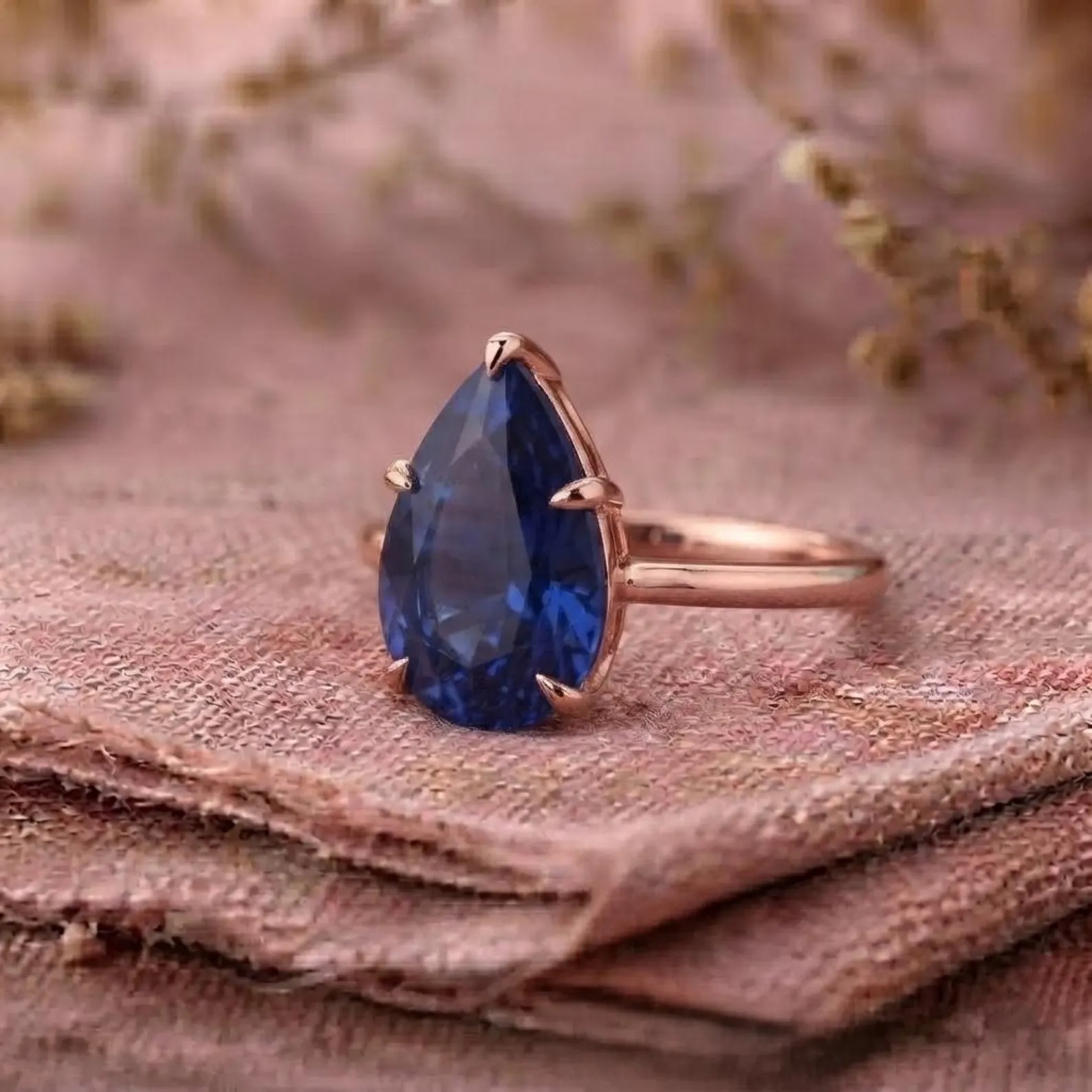 Pear Shaped Sapphire Engagement Ring, September Birthstone Gift, 14K Gold Plated Promise Ring, Blue Gemstone Jewelry, Anniversary Gift Ring
