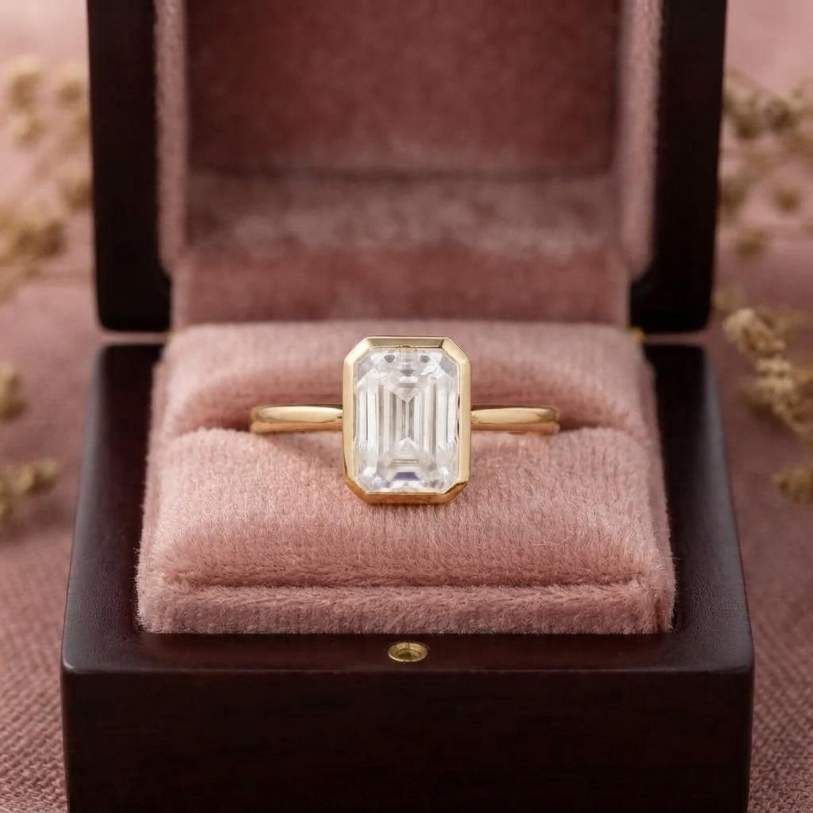 Vintage 2CT,3CT Emerald Cut Moissanite Engagement Ring, Anniversary Ring For Women, Bezel Set Wedding Promise Ring, Gold Ring, Proposal Ring
