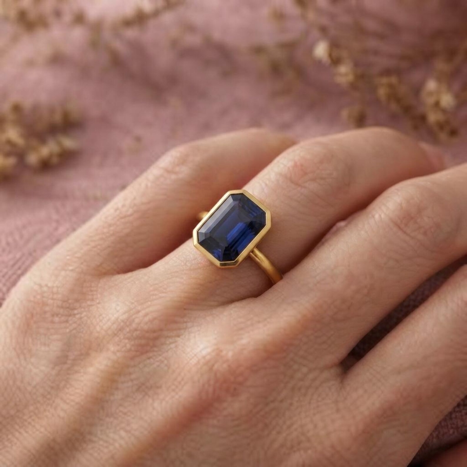 Emerald Cut Blue Sapphire Engagement Ring, Bezel Set Solitaire Ring, 14K Gold Minimalist Wedding Ring, September Birthstone Gift For Her