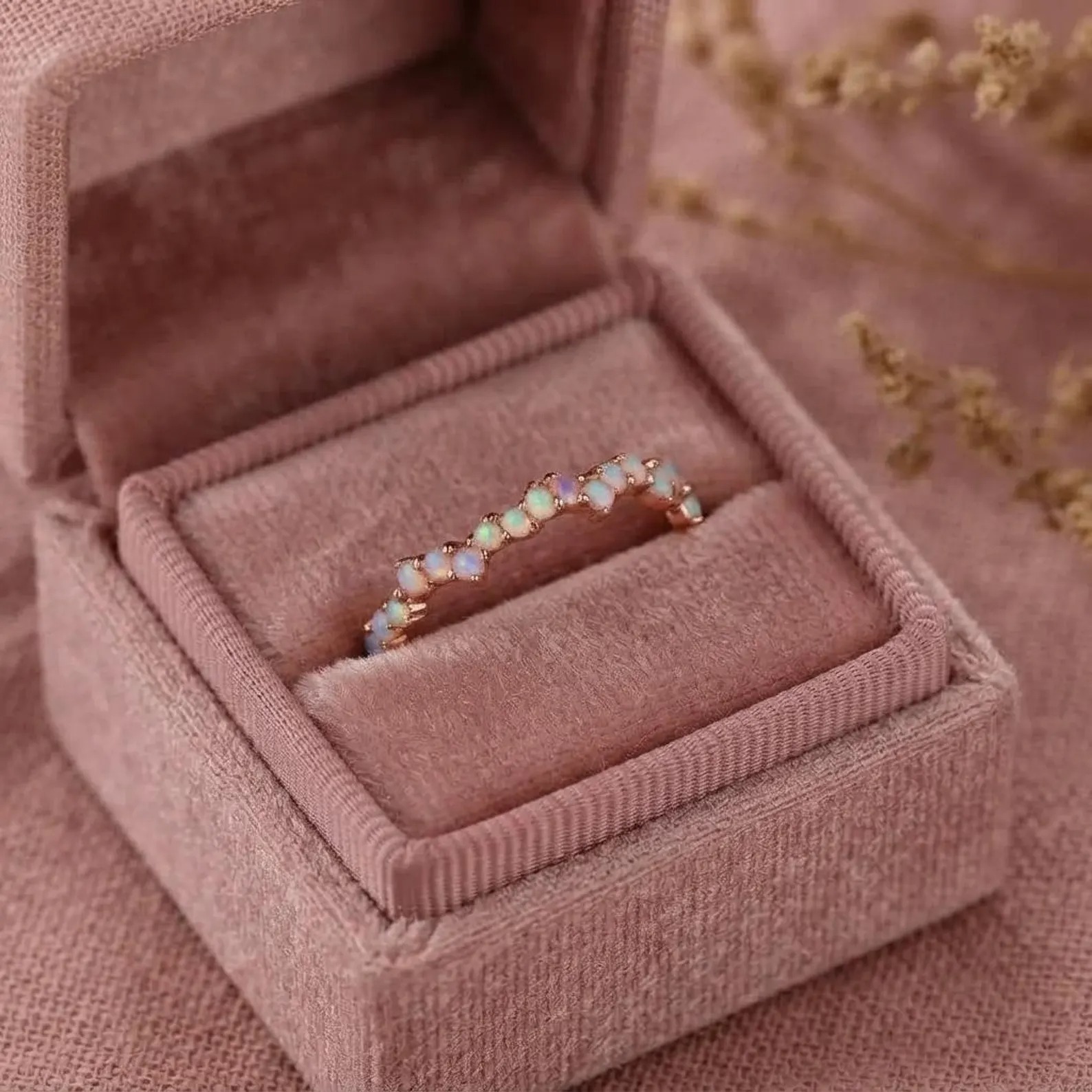Opal Ring, Vintage Opal Band, Opal Wedding Band, 14k Rose Gold Opal Ring, Dainty Opal Ring, October Birthstone Ring, Matching Band
