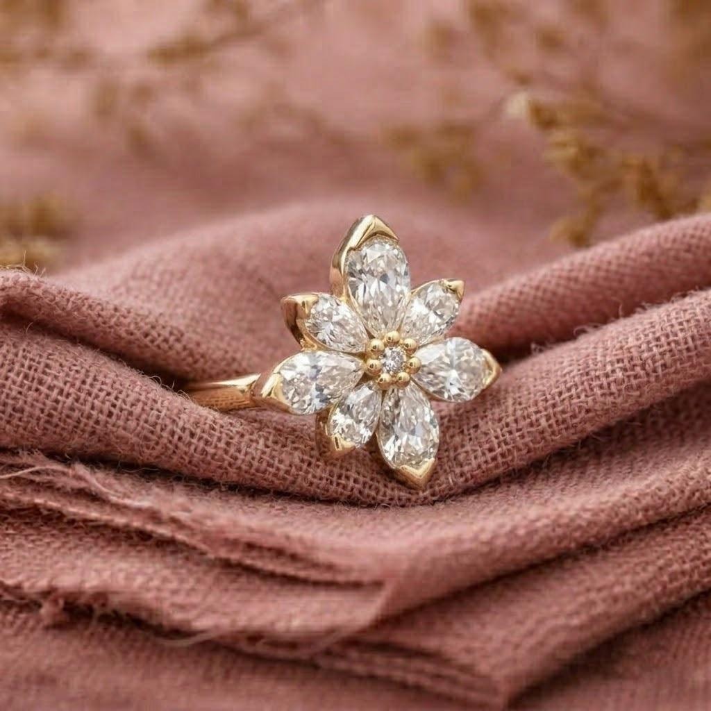 Flower Moissanite Engagement Ring, Unique Nature Inspired Bridal Ring, Pear Cut Moissanite Ring, 14K Rose Gold Ring, Dainty Moissanite Ring