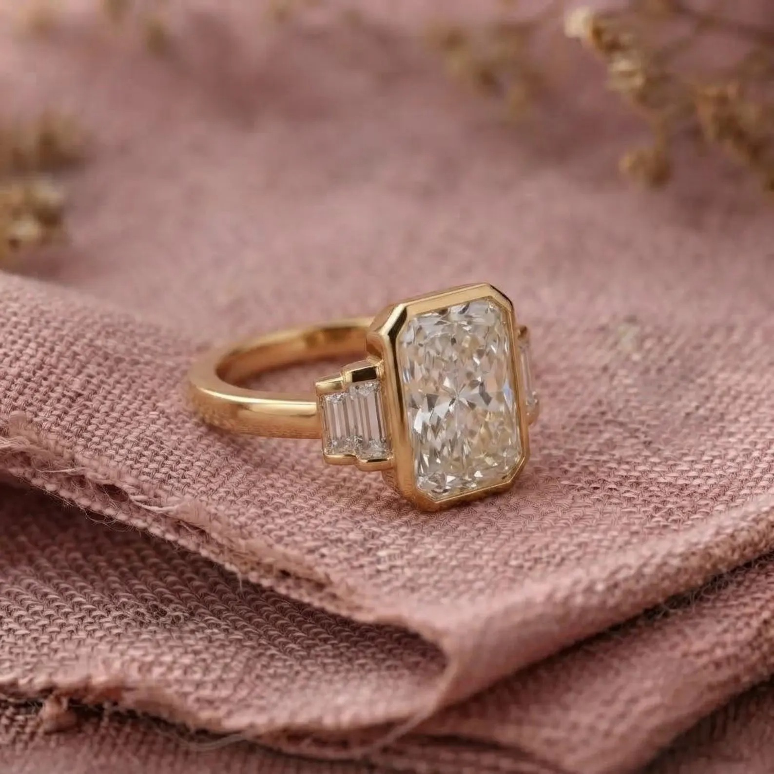 Bezel Set Emerald Cut Moissanite Engagement Ring, Baguette Cut Ring, Moissanite Cluster Ring, Promise Ring for Women, Five Stone Bridal Ring