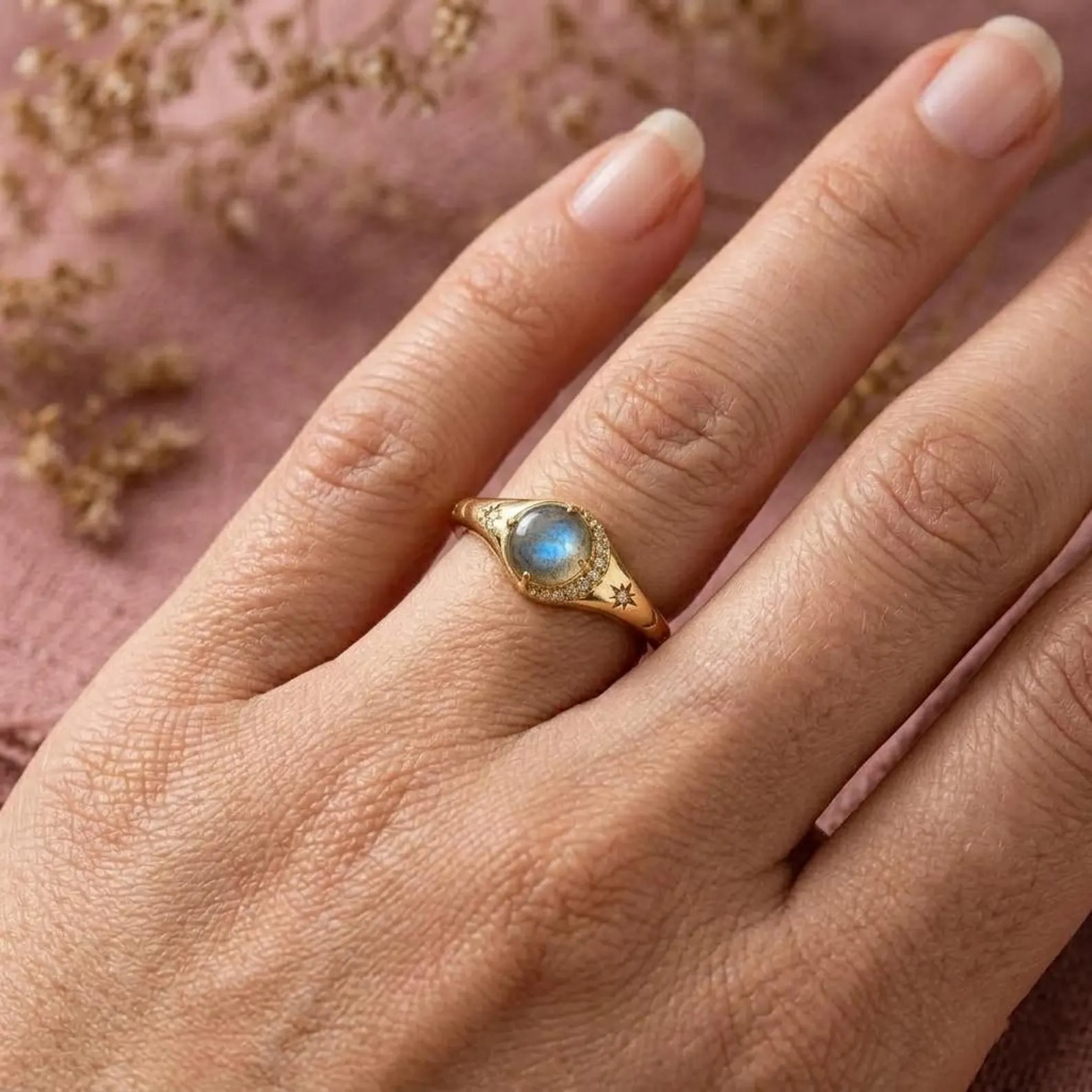 Natural Labradorite Diamond Summer jewelry, Moon Crescent Wedding Ring Diamond Moon And Star Ring Minimalist Summer Gift, Gift Ring For Her