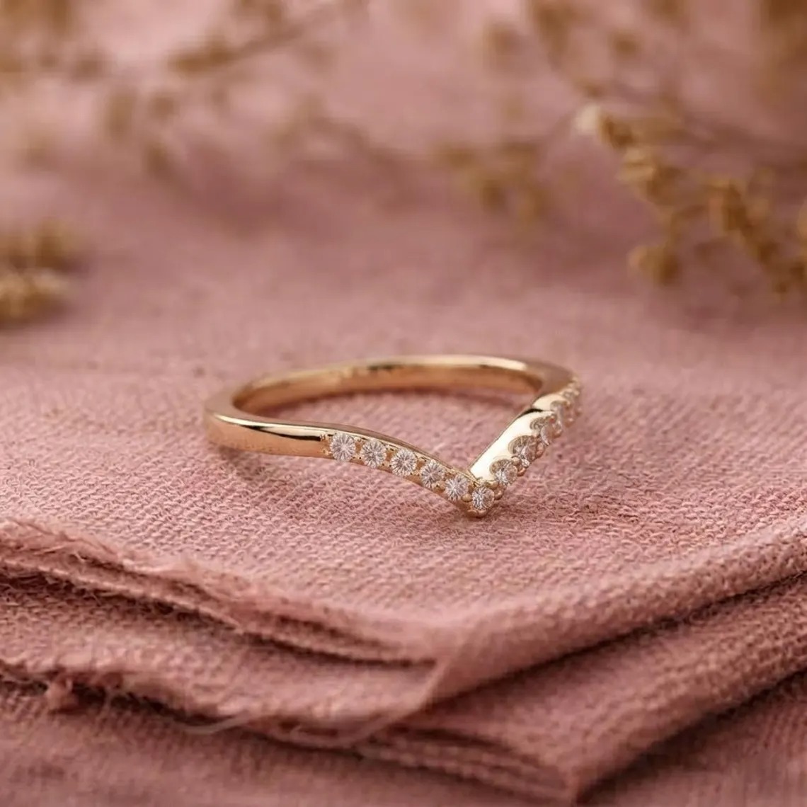 Chevron Wedding Band, Moissanite V Shaped Wedding Band For Women, Vintage Diamond Curved Matching Band, Half Eternity Moissanite Band Ring