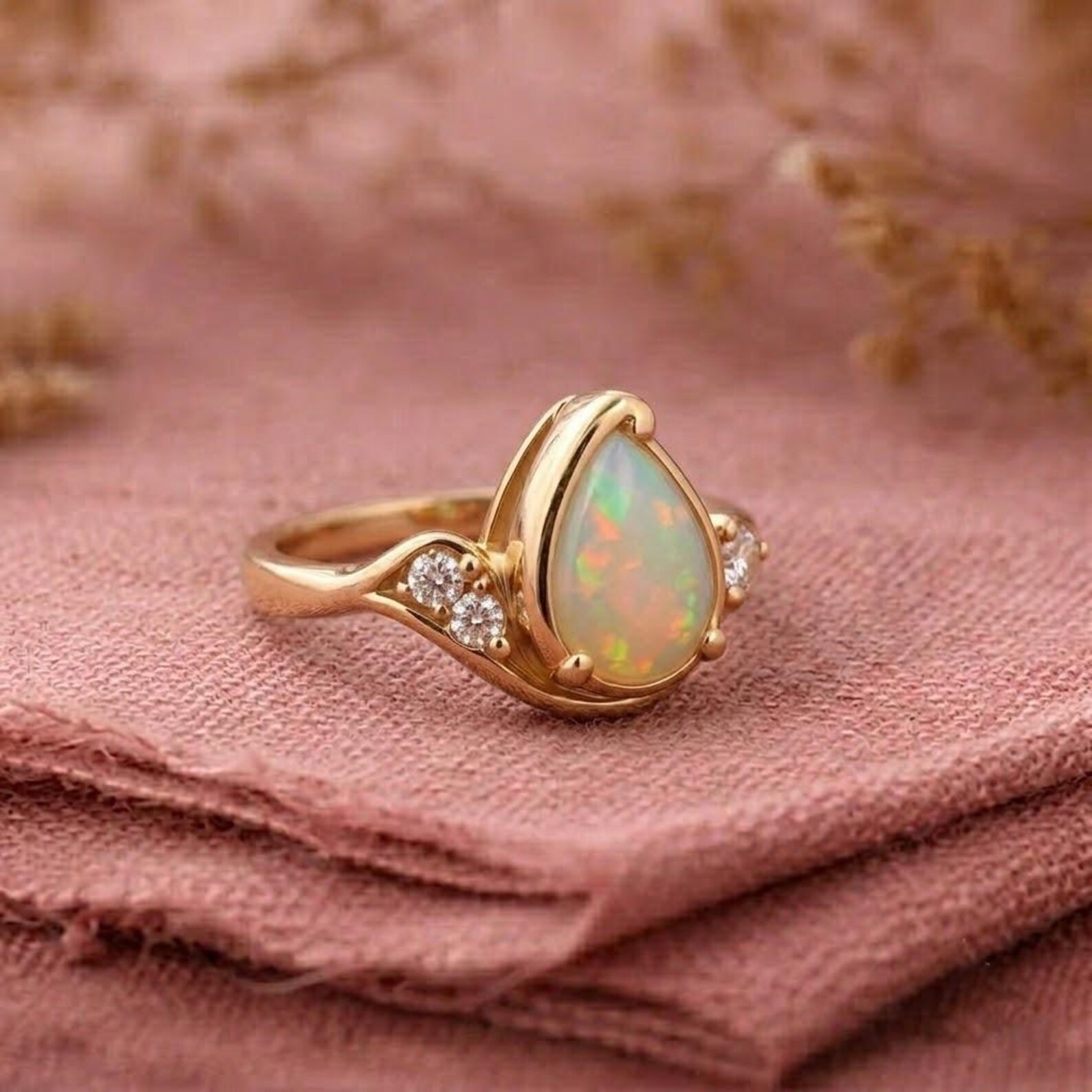 Gold Opal Ring, Pear Dainty Opal Engagement Ring, Vintage Diamond Cluster Ring, October Birthstone Ring, Christmas Gift, Rings for Women