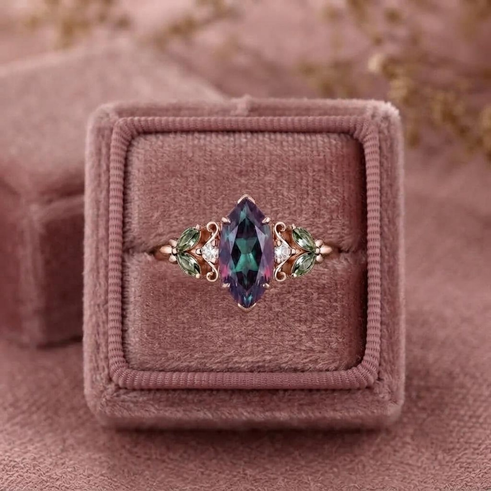 Marquise Alexandrite Engagement Ring, Leaf Side Stone Ring, Color Changing Ring, Rose Gold Botanical Jewelry, Nature Inspired Promise Ring