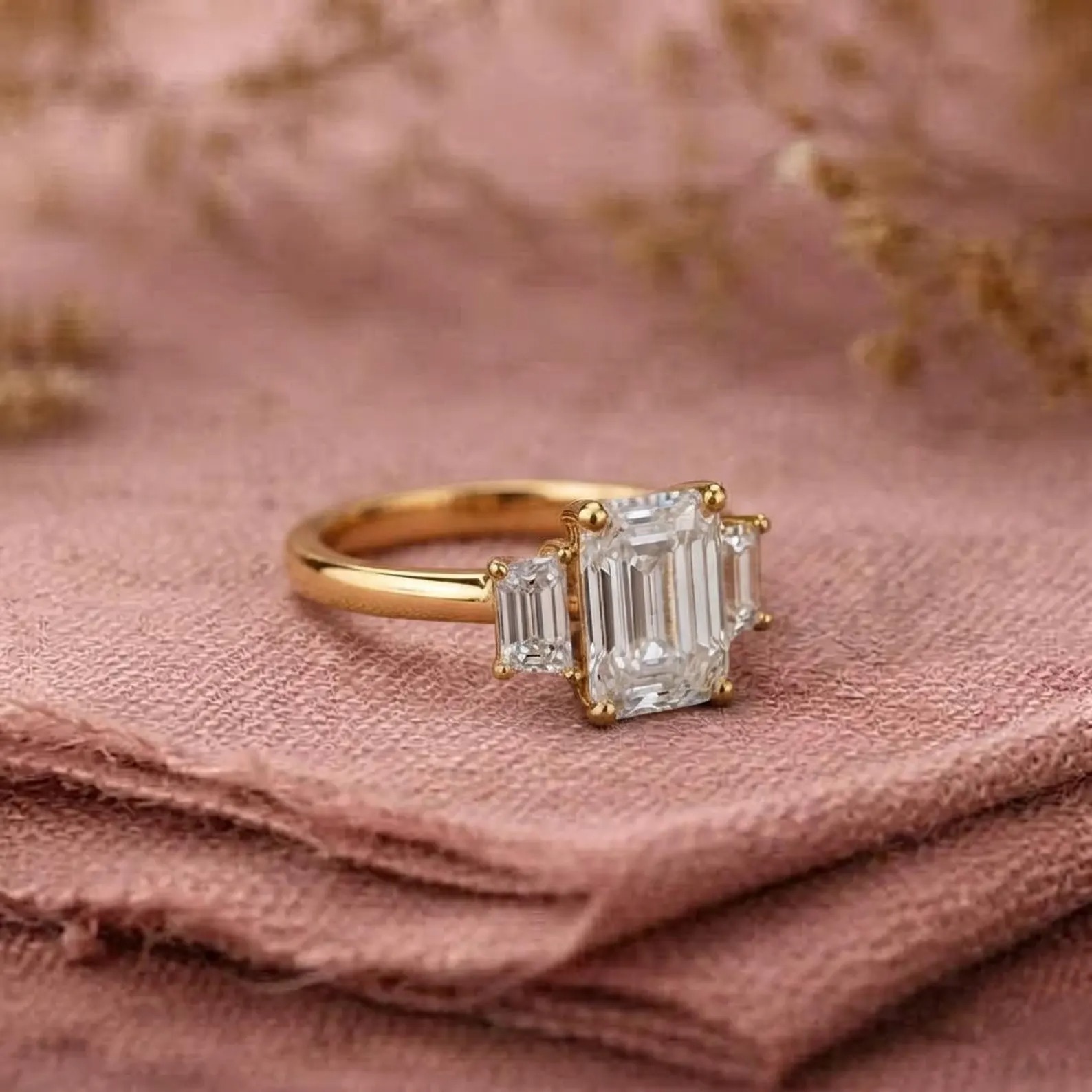 3CT Moissanite Ring, Three Stone Emerald Cut Moissanite Engagement Ring With Solid Gold Baguette Moissanite Wedding Ring, Christmas Gift