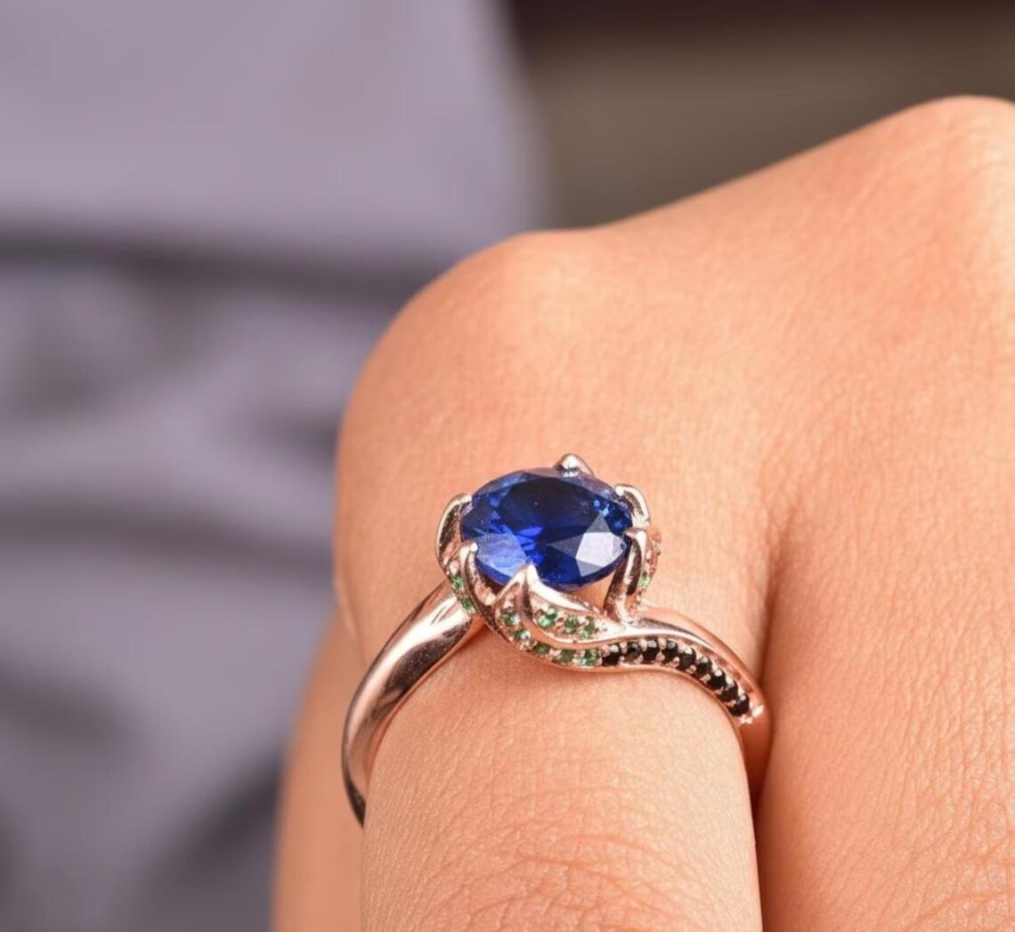 Blue Sapphire Engagement Ring, 14k Gold Round Cut Blue Gemstone Ring, Handmade Art Deco Green And Black Accents Ring, Anniversary Jewelry