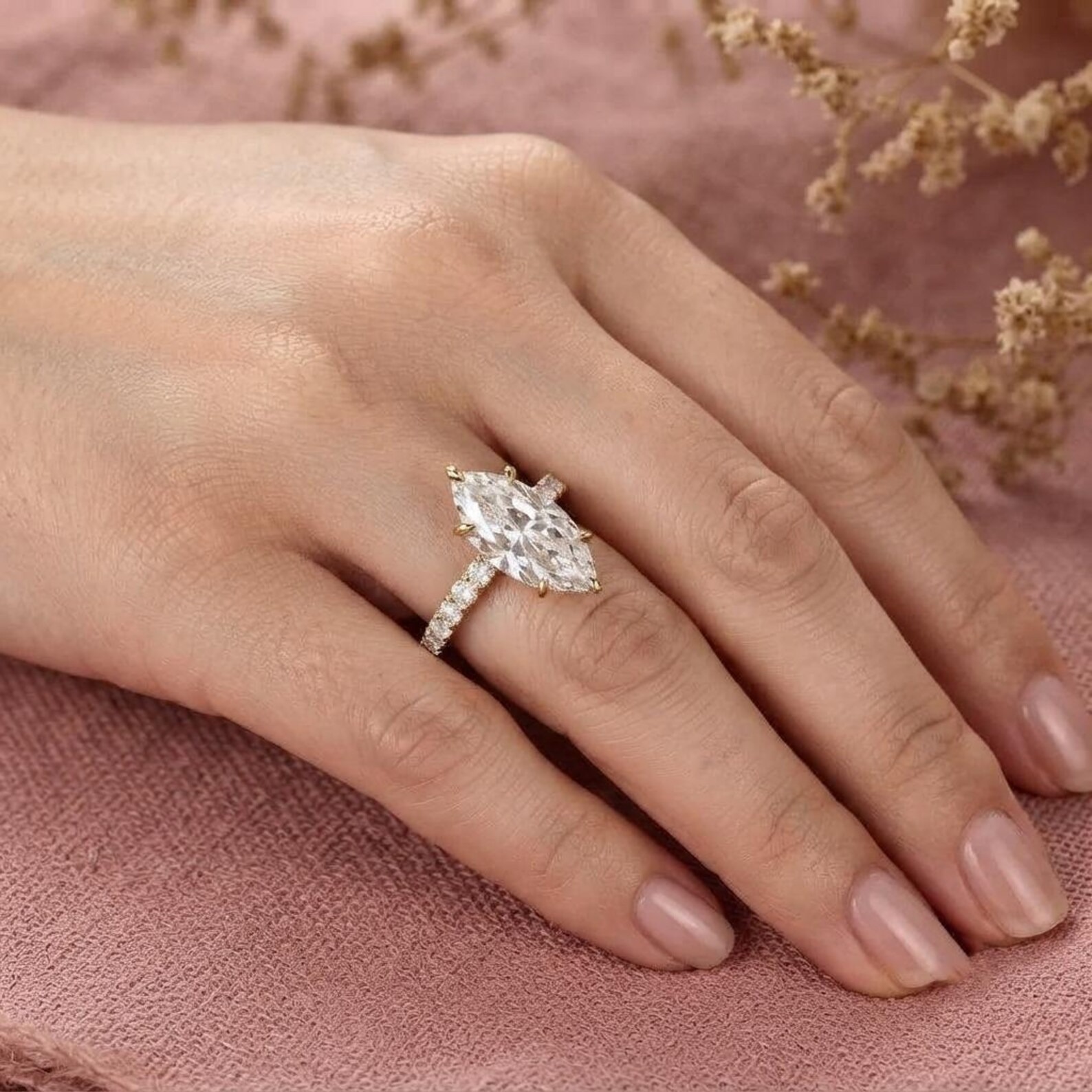 14k Gold Marquise Engagement Ring, Simulated Diamond Ring, Wedding Ring, Fake Engagement Ring, Travel Ring, Solitaire Diamond Ring