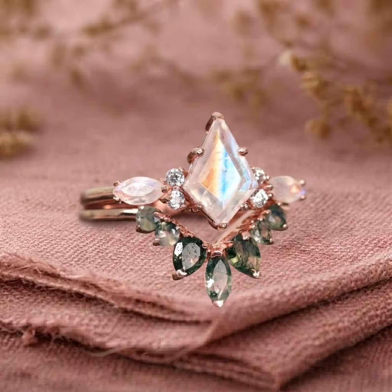 Skye Kite Moonstone Ring Set, Moss Agate & Moonstone Engagement Ring Set, Marquise Cut Moonstone Ring, Promise Ring, June Birthstone Ring