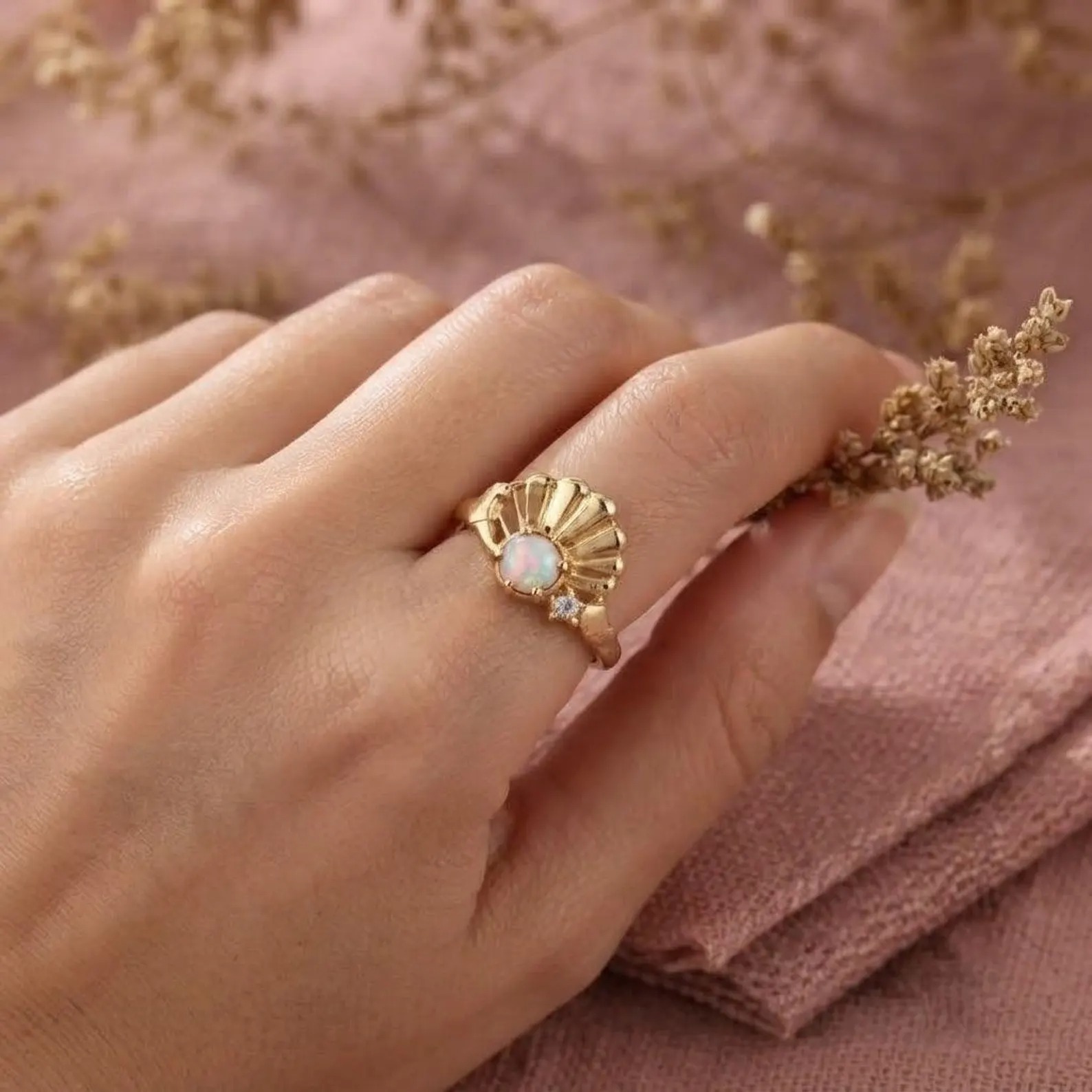 Opal Sunburst Ring, Gold Opal Ring, Celestial Engagement Ring, Vintage Inspired Opal Jewelry, Dainty Gold Ring, October Birthstone Ring