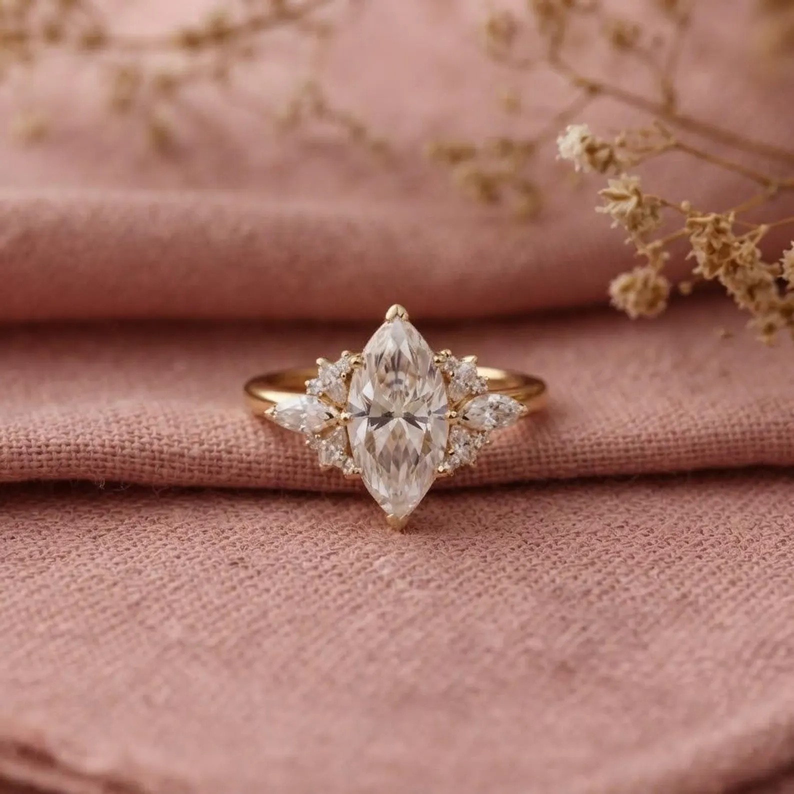 Marquise Cut Moissanite Engagement Ring With Diamond Cluster, 14k Rose Gold Promise Ring, Moissanite Ring, Bridal Anniversary Ring For Her