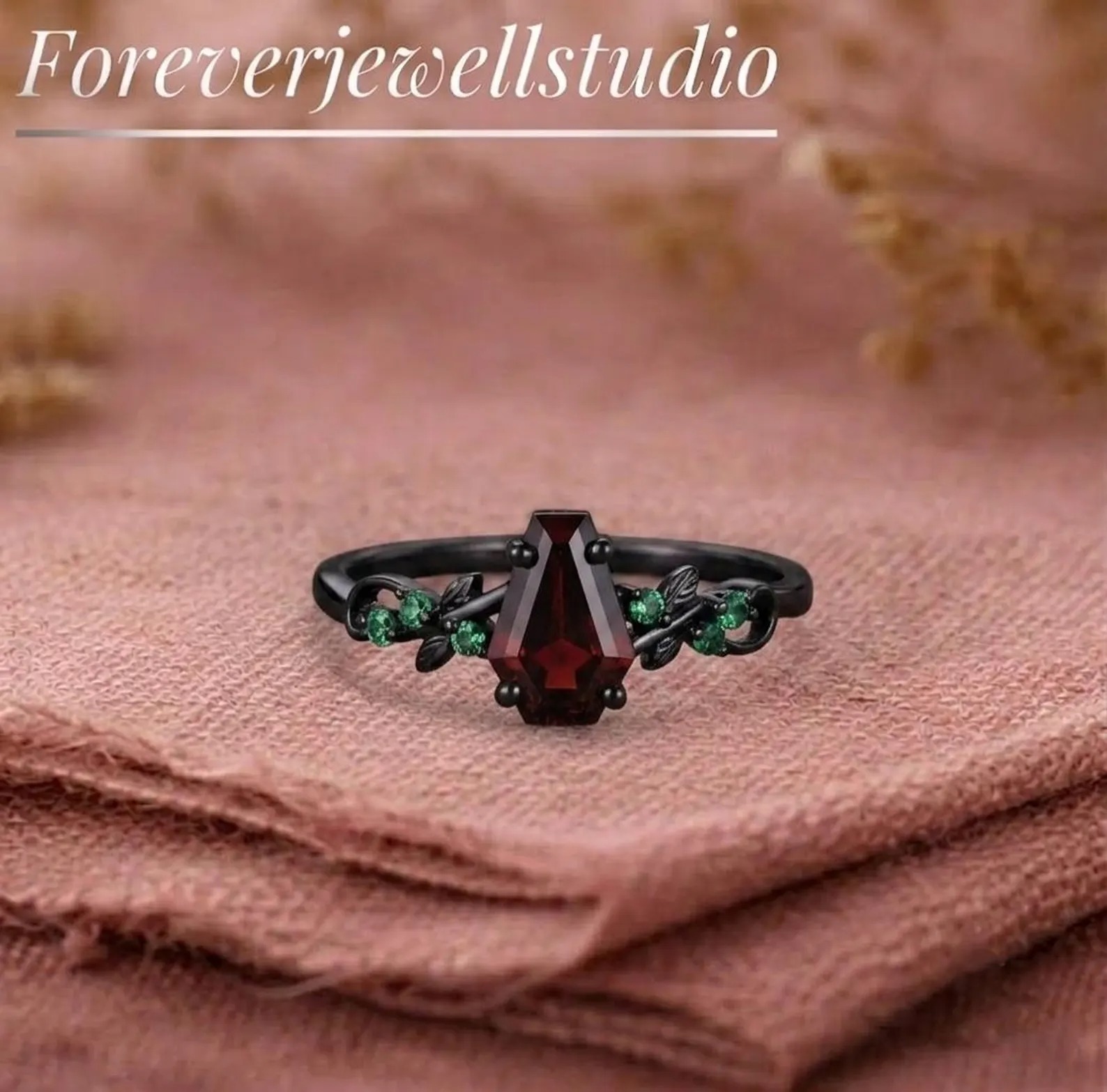 Coffin Cut Red Garnet Ring, Black Gold Art Deco Leaf Engagement Ring, Nature Inspired Emerald Wedding Ring, Bridal Promise Ring, Garnet Ring
