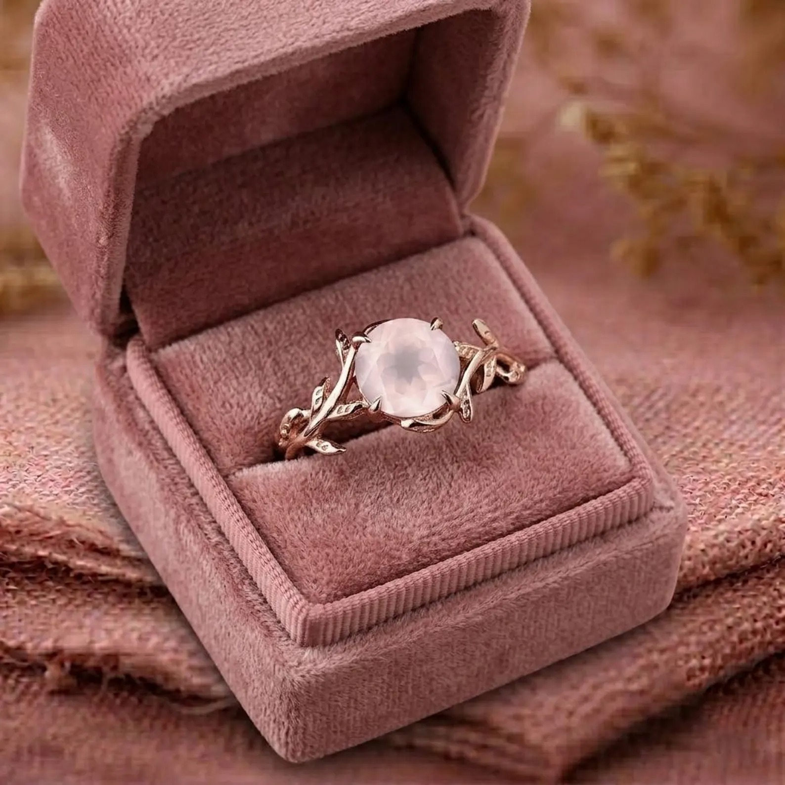 Round Cut Natural Rose Quartz Ring, Rose Gold Leaf Engagement Ring, Pink Gemstone Solitaire Ring, Healing Stone Promise Gift
