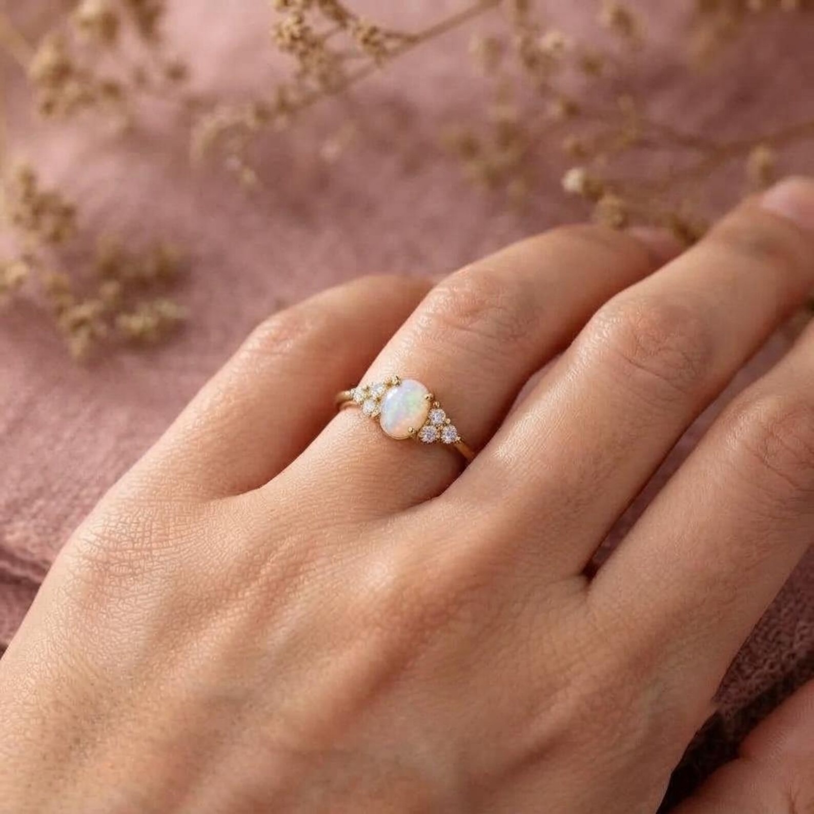 Natural Opal 14k Gold Ring,Oval Engagement Ring,Diamond & Opal Ring,Dainty Opal Ring,Promise Ring,October Birthstone,Birthday Gift for Her