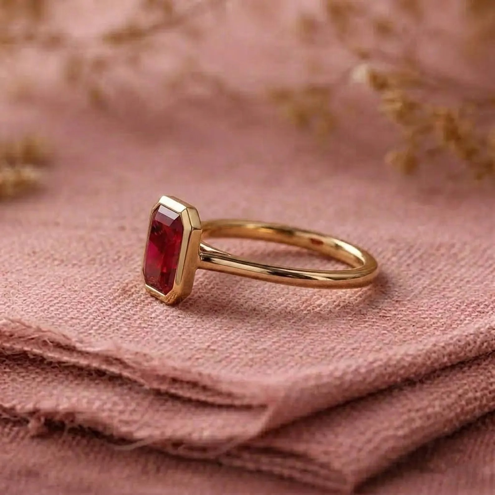 Emerald Cut Ruby Engagement Ring, 14K Solid Yellow Gold Ring, Bezel Set Statement Ring, Anniversary Gift For Her, Bridal Ring, Promise Ring