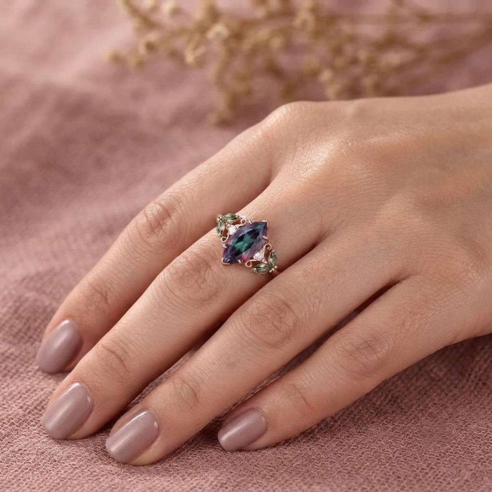 Marquise Alexandrite Engagement Ring, Leaf Side Stone Ring, Color Changing Ring, Rose Gold Botanical Jewelry, Nature Inspired Promise Ring