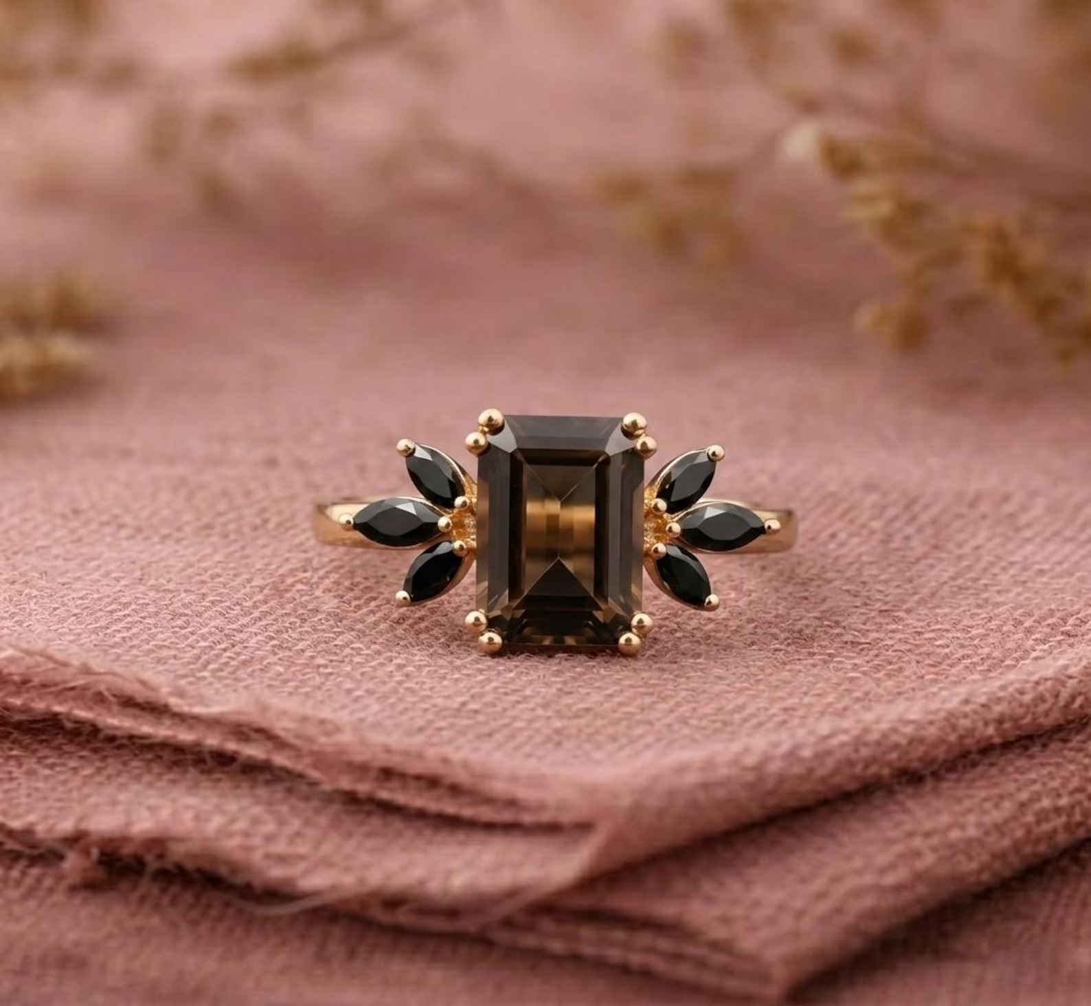 Smoky Quartz & Black Onyx Ring, Emerald Cut Smoky Quartz Ring Solitaire Ring For Women, Anniversary Ring-Statement Ring, Gift For Her