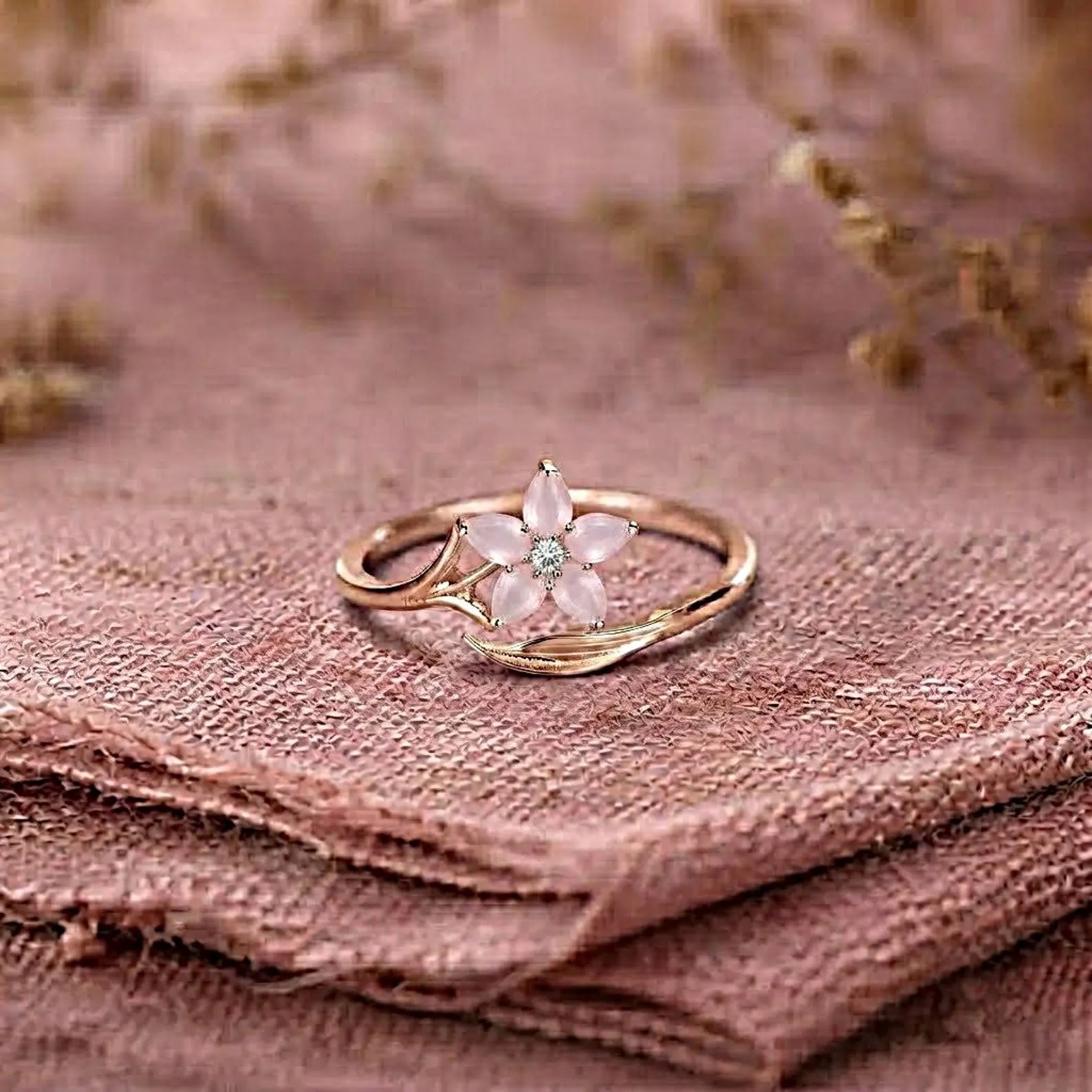 Cherry Blossom Rose Quartz Ring, Sakura Flower Engagement Ring, Pink Pear Floral Gold Ring, Nature Inspired Promise Ring, Bridal Jewelry