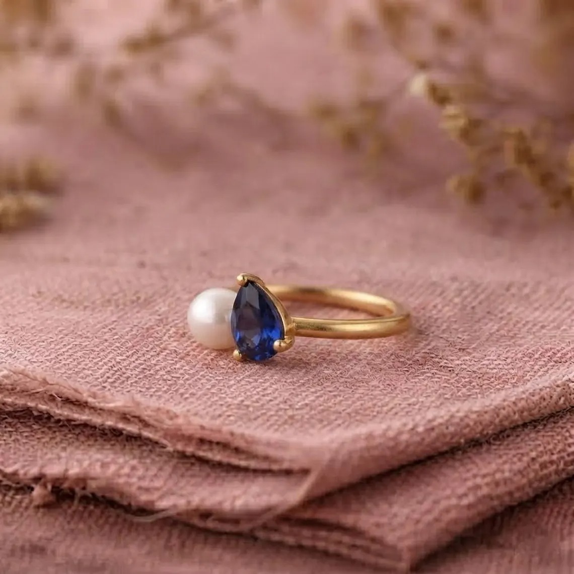 Toi et Moi Pearl And Sapphire Engagement Ring, Cluster Round & Pear Cut Two Stone Wedding Ring, Vintage Prong Set Anniversary Ring For Her