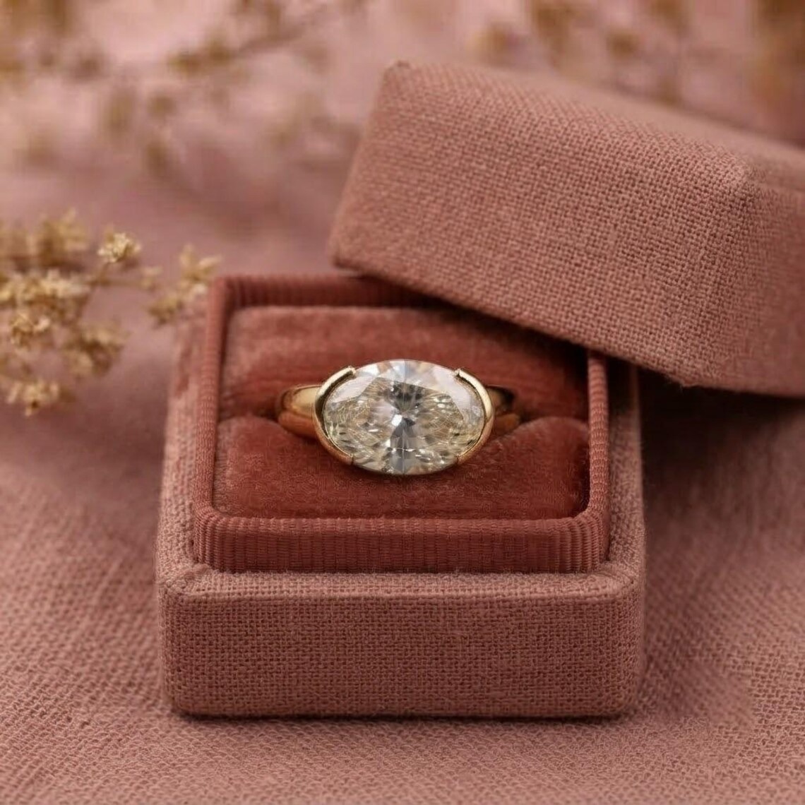 Oval Cut Moissanite Engagement Ring, 14K Yellow Gold Half Bezel Set Ring, Solitaire Wedding Ring, East To West Oval Cut Ring, Signet Ring