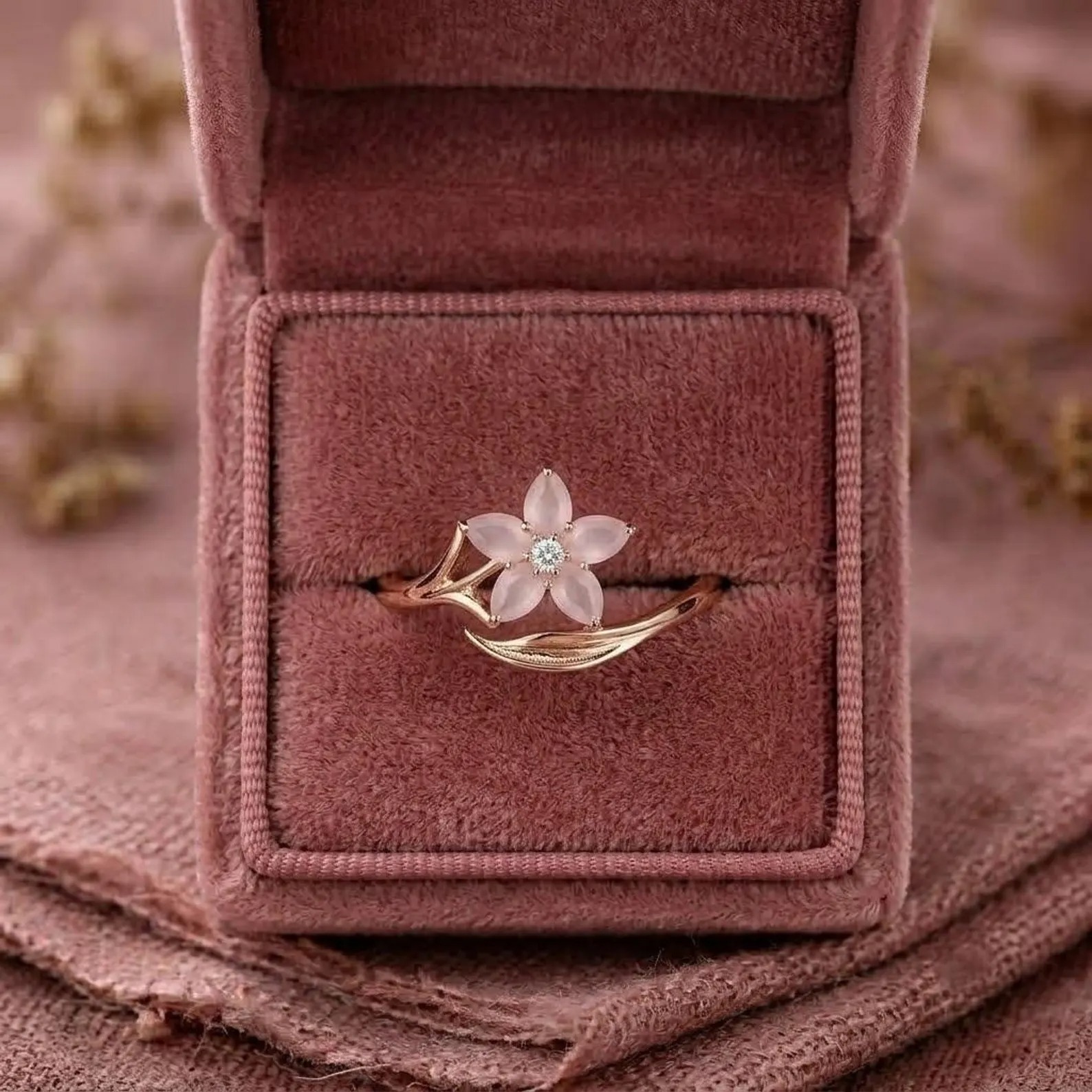 Cherry Blossom Rose Quartz Ring, Sakura Flower Engagement Ring, Pink Pear Floral Gold Ring, Nature Inspired Promise Ring, Bridal Jewelry