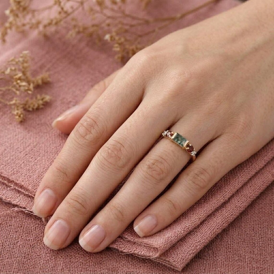 Moss Agate Engagement Ring, Gold Garnet & Moissanite Ring, Baguette Moss Agate Promise Ring, Nature Inspired Bridal Ring, Gift For Her