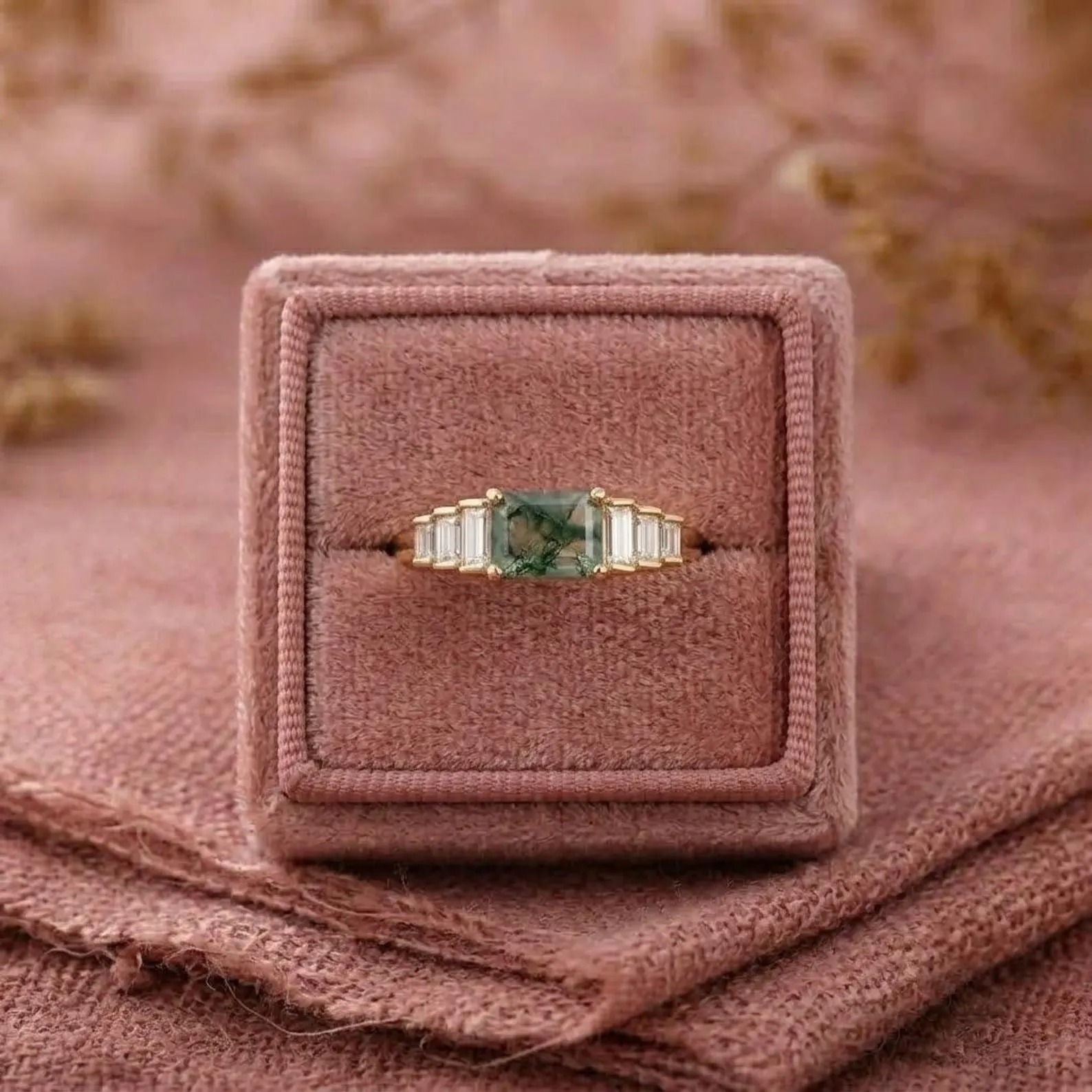 Vintage Baguette Cut Moss Agate Ring, Natural Agate Engagement Ring, Diamond Cluster Ring, Unique Christmas Ring, Personalized Custom Gifts
