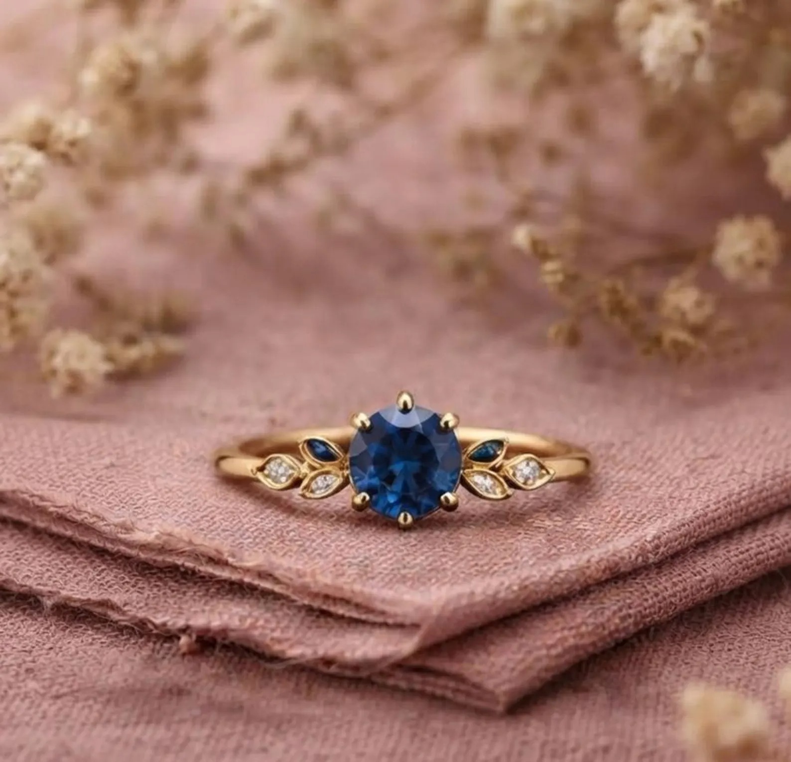 Sapphire Blue Gold Ring, Vintage Floral Ring, Round Blue Gemstone Ring, Dainty Bridal Promise Ring, Elegant Engagement Ring, Gift For Her