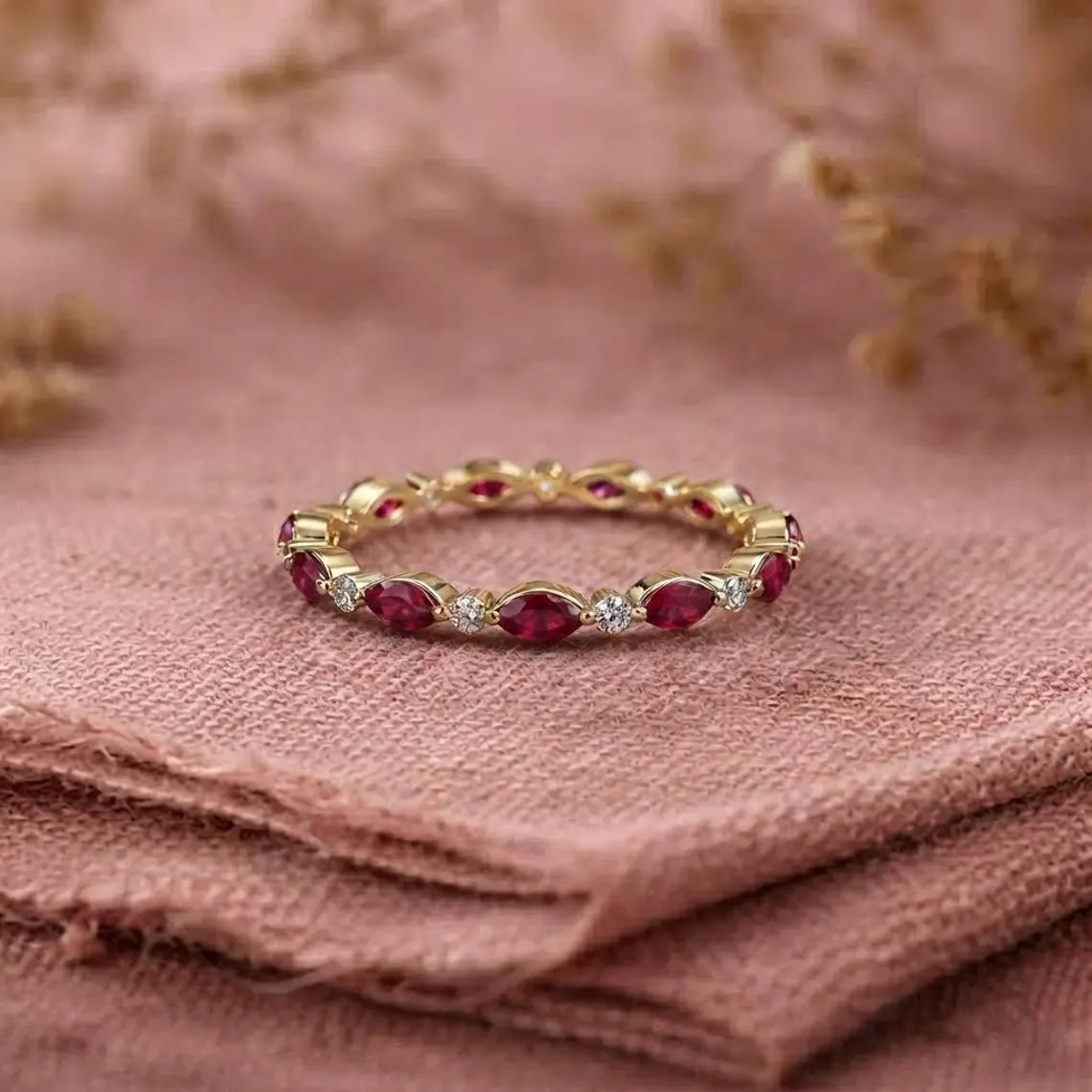 Ruby Eternity Diamond Band, Gold Ruby Wedding Band, Marquise Ruby Stackable Ring, Gemstone Band, Anniversary Ring, Romantic Gift for Her
