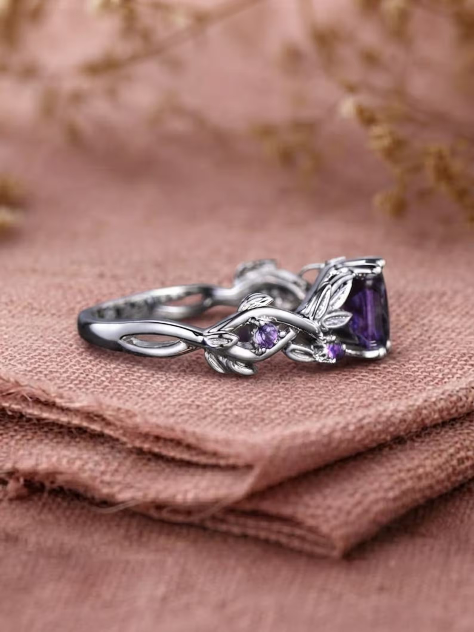Vintage Hexagon Amethyst Engagement Ring, Unique Leaf Promise Ring, Purple Gemstone Ring, 14K Rose Gold Amethyst Wedding Ring, Gift For Her