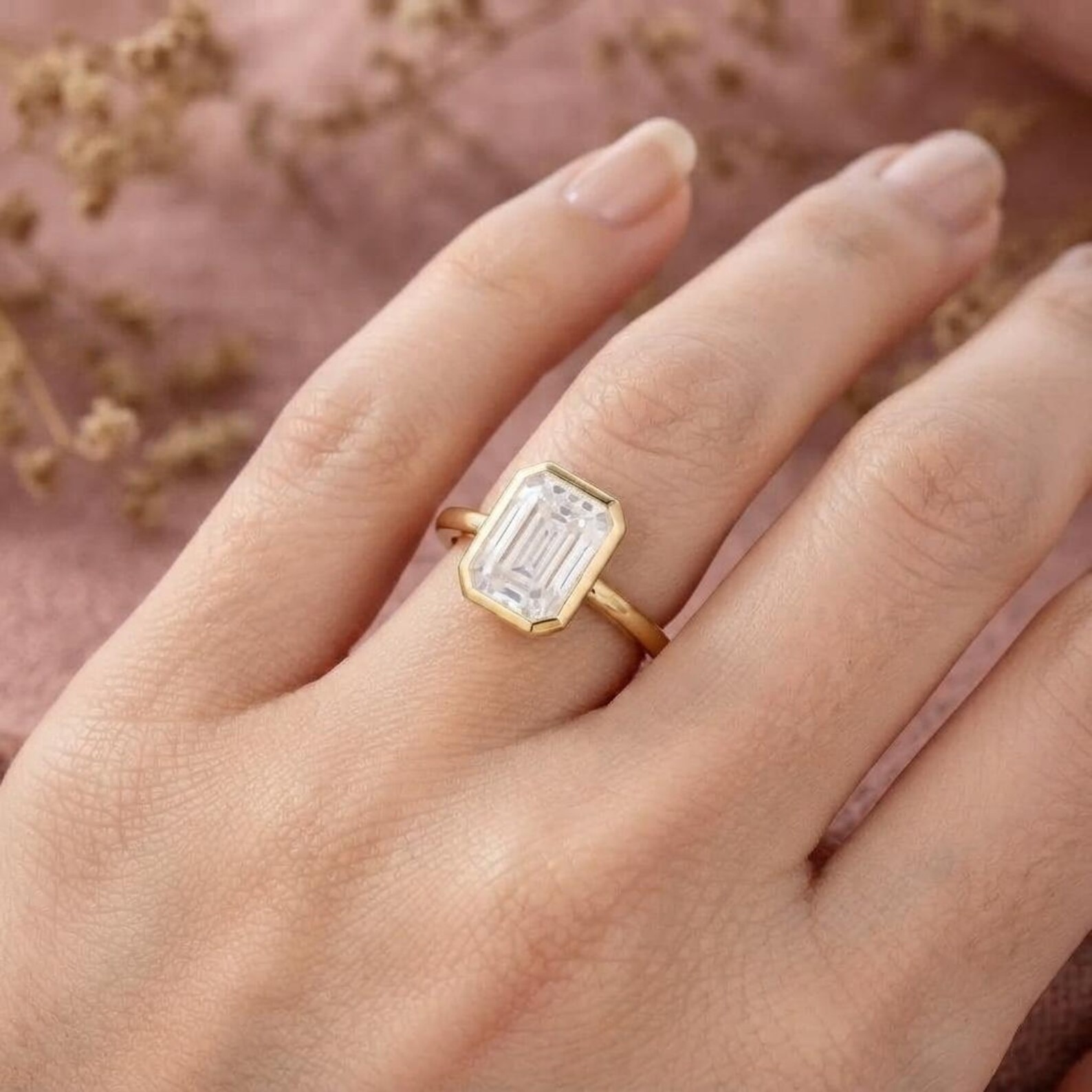 Vintage 2CT,3CT Emerald Cut Moissanite Engagement Ring, Anniversary Ring For Women, Bezel Set Wedding Promise Ring, Gold Ring, Proposal Ring