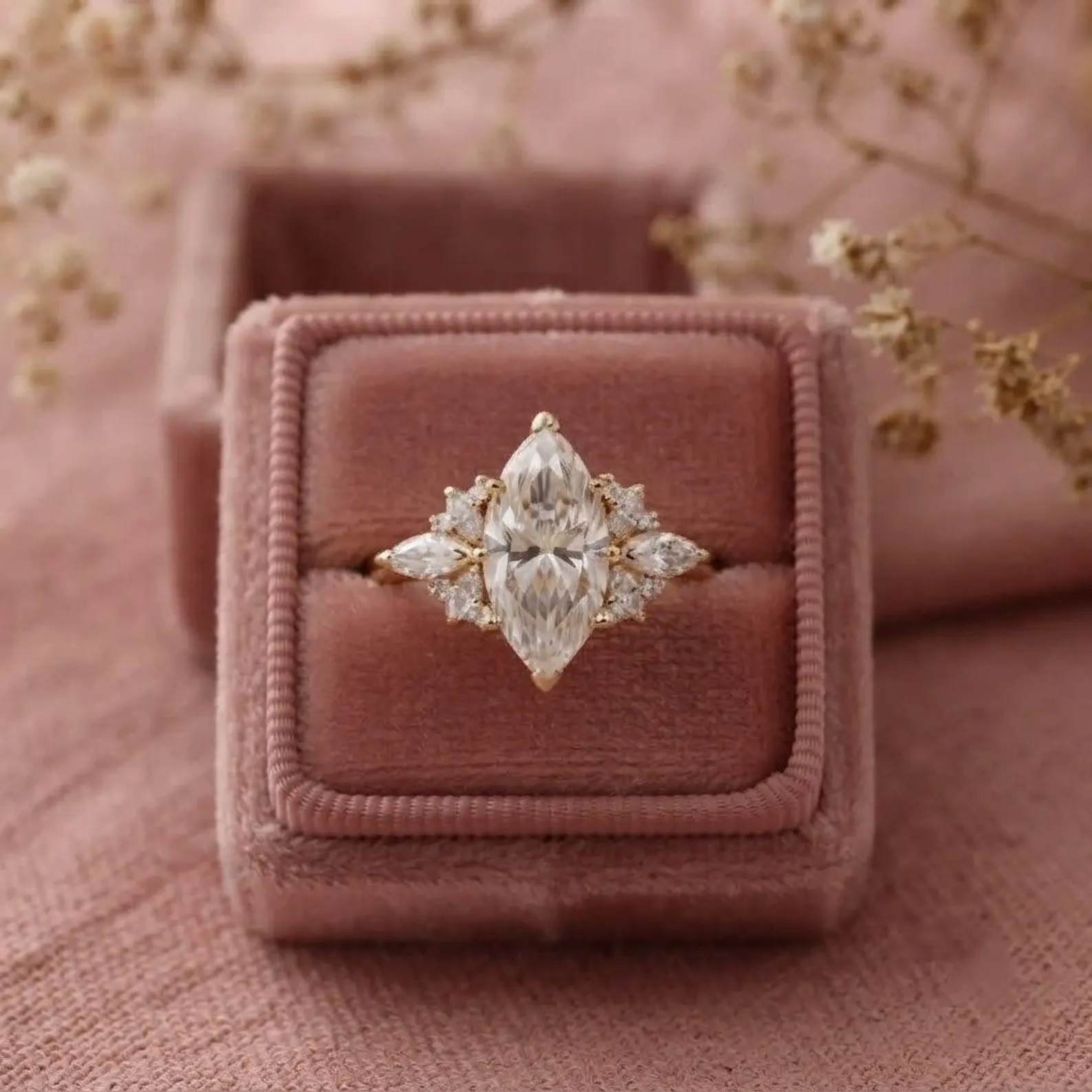 Marquise Cut Moissanite Engagement Ring With Diamond Cluster, 14k Rose Gold Promise Ring, Moissanite Ring, Bridal Anniversary Ring For Her