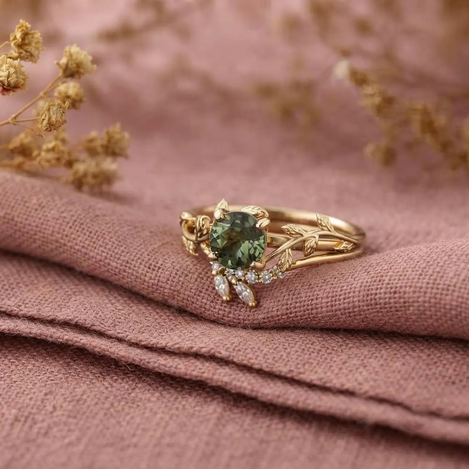 Vintage Green Sapphire Engagement Ring Set 14k Solid Gold Marquise Cut Moissanite Ring Diamond Leaf Ring Bridal Set Promise Anniversary Ring