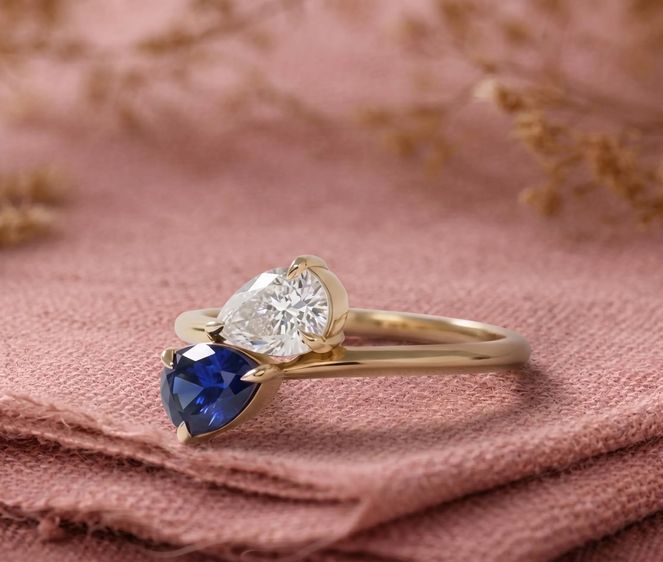 Toi et Moi Moissanite And Sapphire Engagement Ring, Cluster Two Stone Pear Cut Gemstone Wedding Ring, Vintage Anniversary Gift, Ring For Her