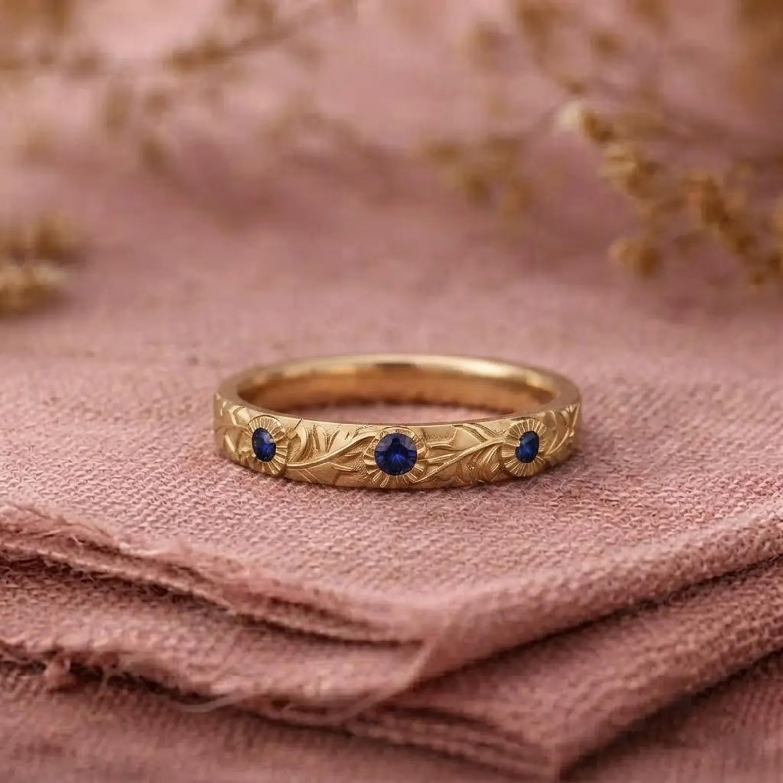 Blue Sapphire Wedding Band, Engraved Gold Band, Nature Inspired Stacking Ring, Leaf Vine Ring, September Birthstone Jewelry, Gift For Women