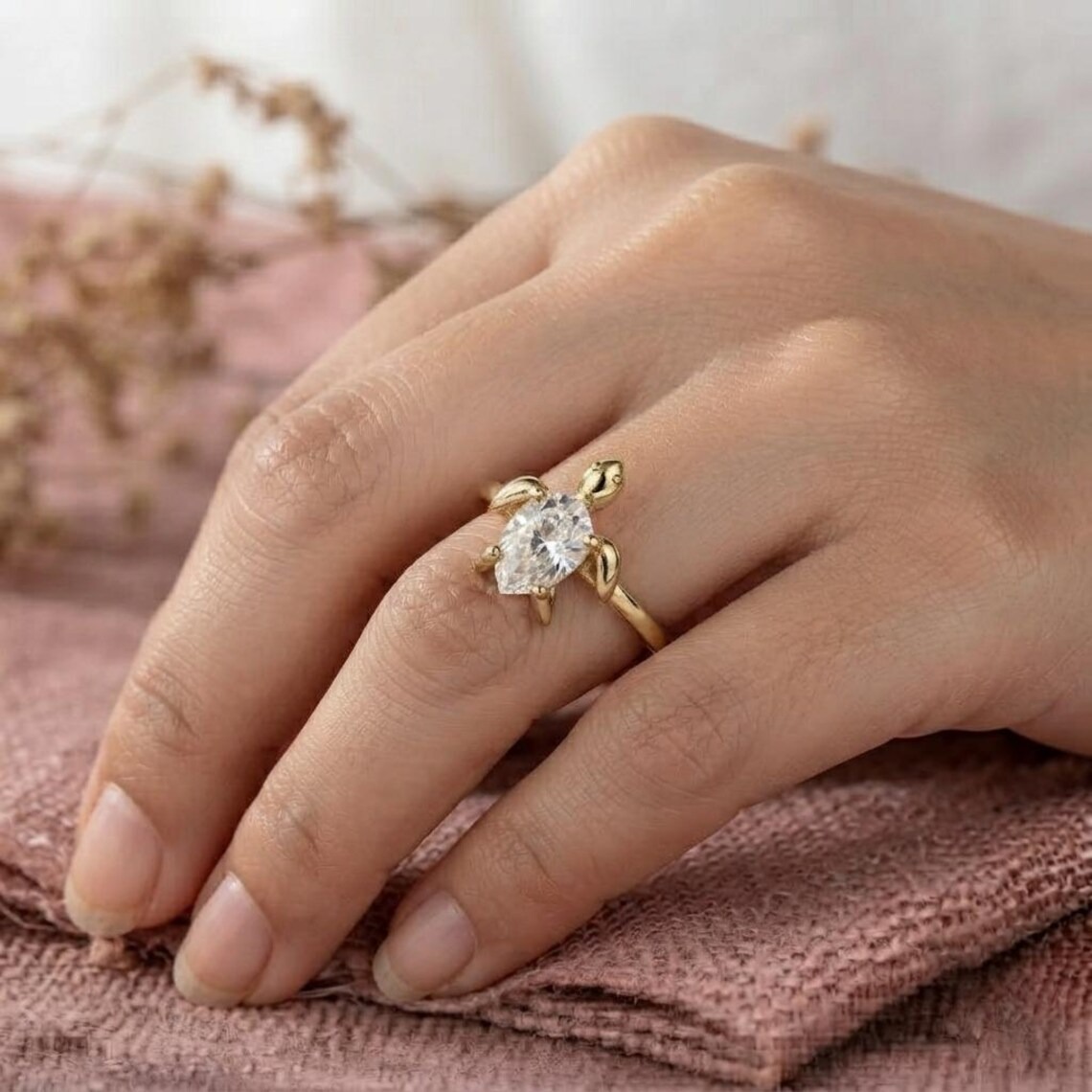14k Gold Tortoise Ring, Solid Gold Turtle Ring, Dainty Pear Moissanite Ring, Dainty Animal Ring, Good Luck Ring, Unisex Pear Colorless Ring