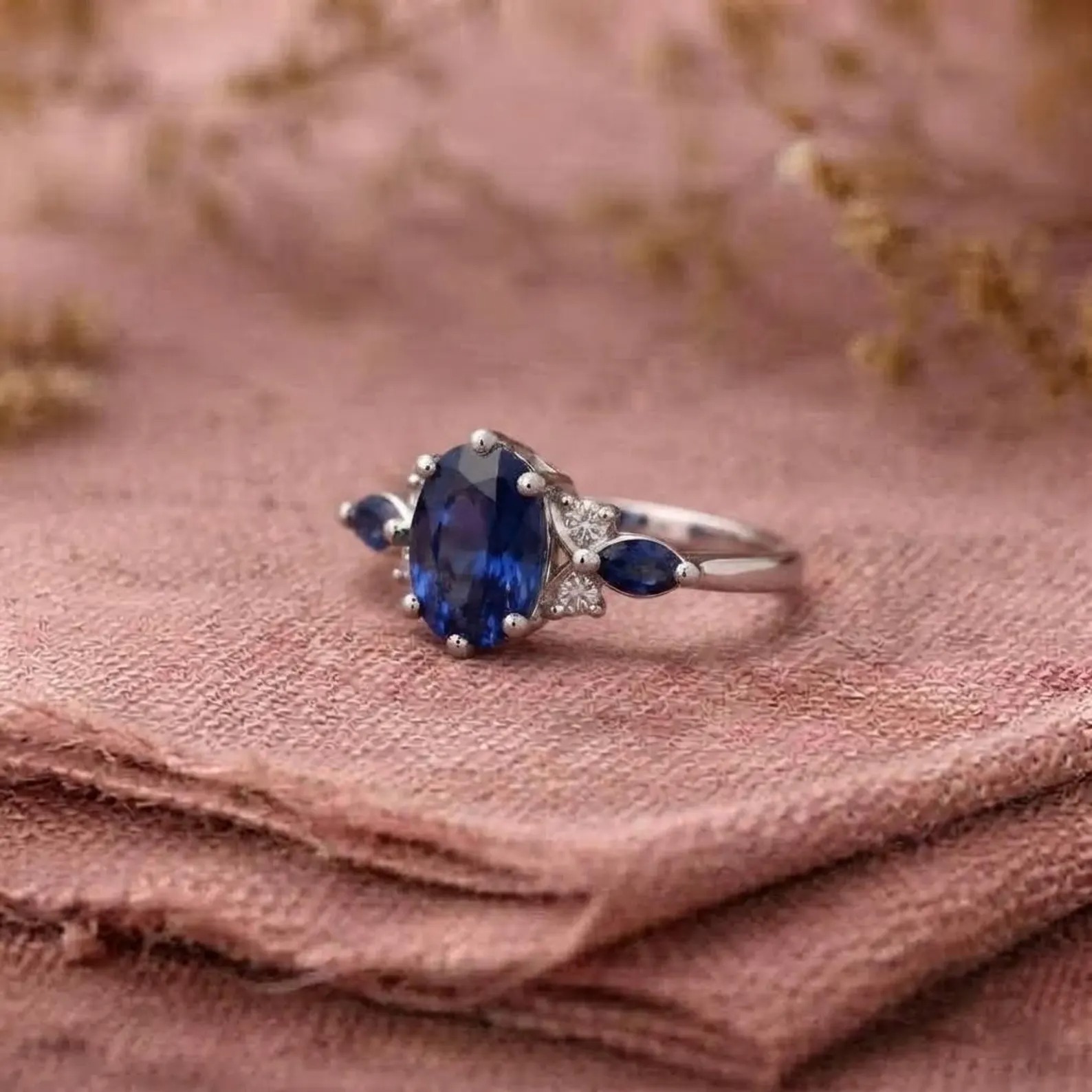 Oval Blue Sapphire Engagement Ring, Vintage Cluster Diamond Ring, Blue Sapphire Statement Ring, Unique Alternative Bridal Gift Ring For Wife