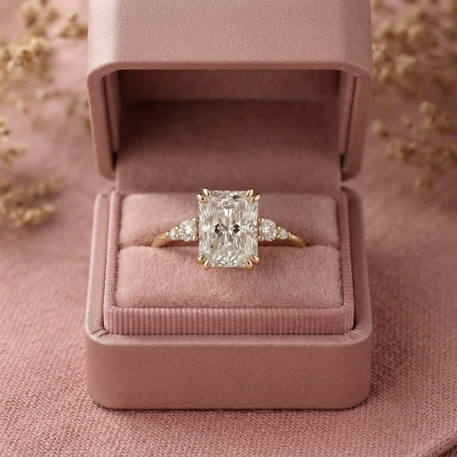 Vintage Radiant Cut Moissanite Engagement Ring, Double Prong Set Wedding Ring for Women, Five Stone Anniversary Ring Gift, Art Deco Jewelry