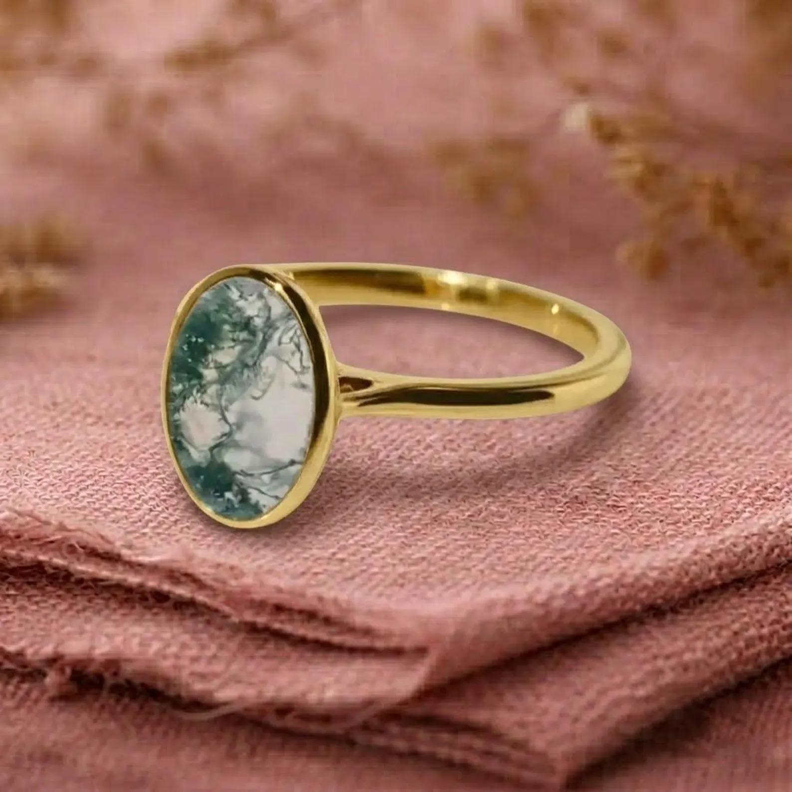 Vintage Oval Cut Green Moss Agate Engagement Ring, Unique Bezel Set Ring Solitaire Ring, Rose Gold Anniversary Ring, Promise Ring For Her