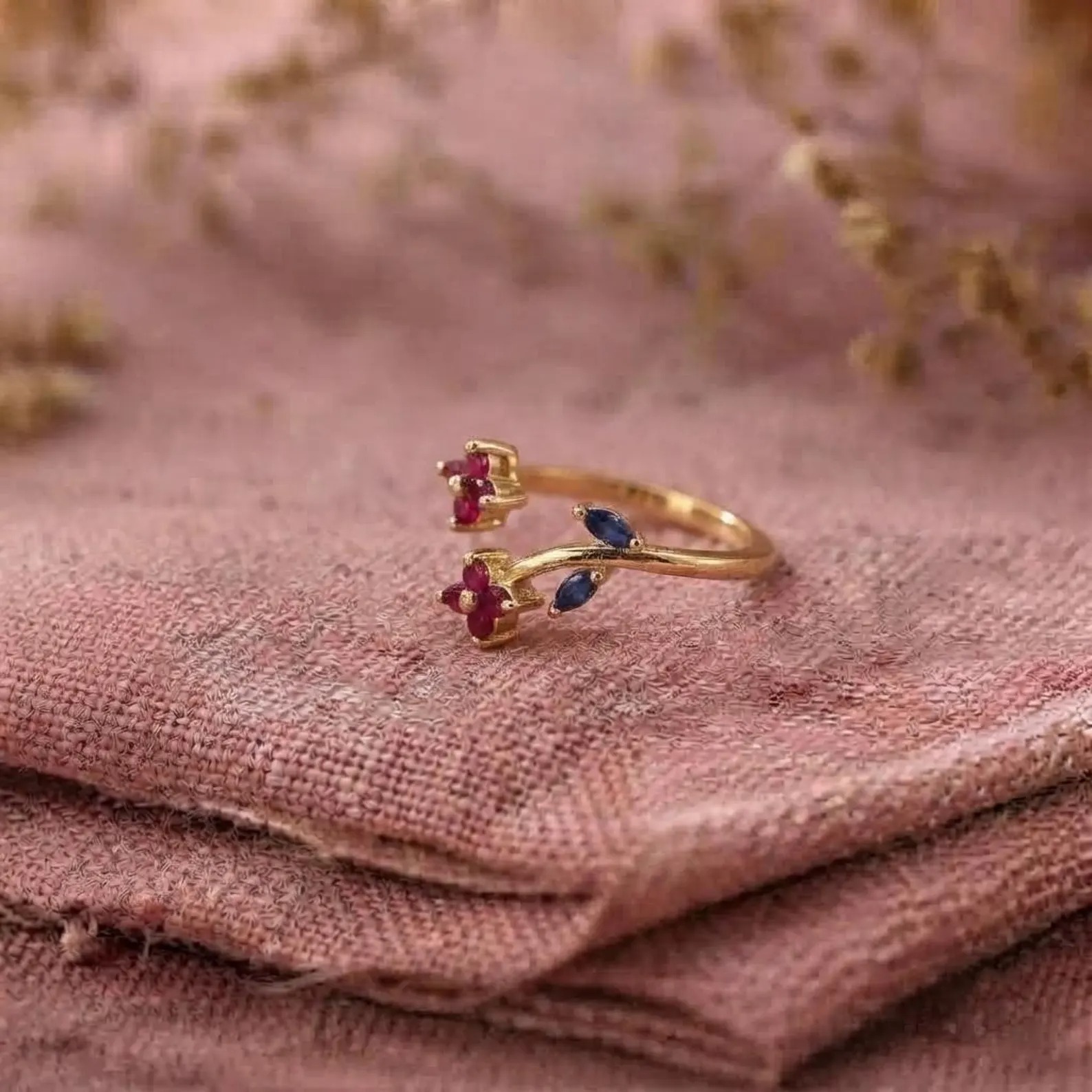 Gold Floral Garnet Ring, Blue Sapphire Adjustable Ring, Dainty Gemstone Open Band Ring, Botanical Flower Ring, Boho Jewelry, Gift For Her