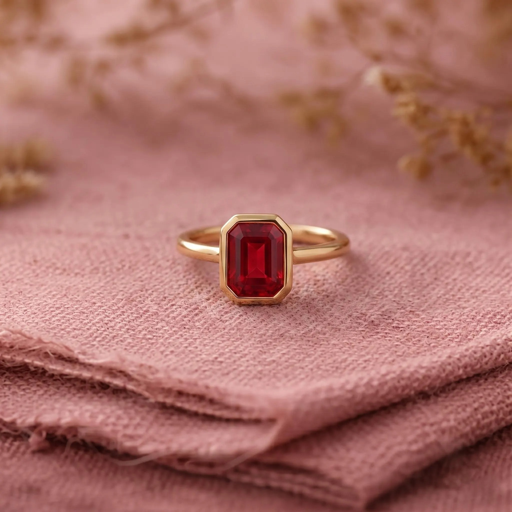 Emerald Cut Ruby Engagement Ring, 14K Solid Yellow Gold Ring, Bezel Set Statement Ring, Anniversary Gift For Her, Bridal Ring, Promise Ring