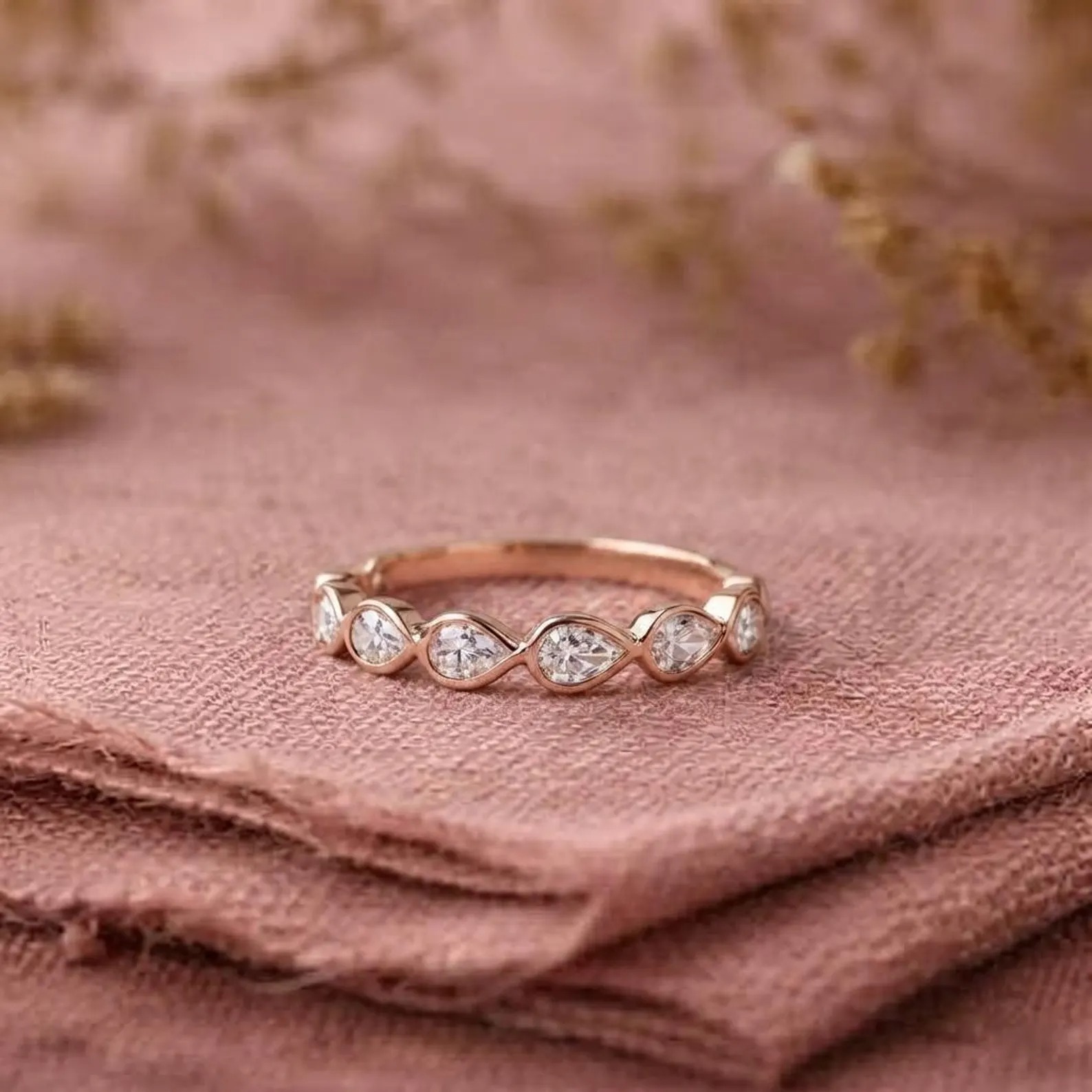 Delicate 1.05 TC Pear Cut Wedding Band Moissanite Matching Band 14k Solid Yellow Gold Shared Prongs Stacking Band Half Eternity Wedding Gift