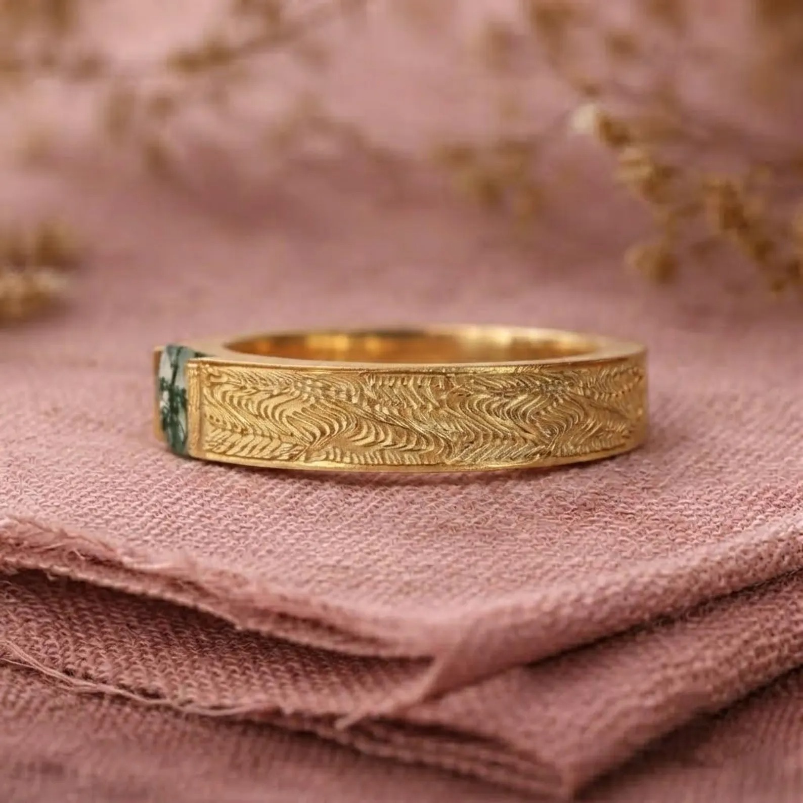 Natural Green Moss Agate Ring, Men's Ring, Men's agate Wedding Band, Baguette Cut Green Agate Band, Wedding Handmade Ring Personalized Gift