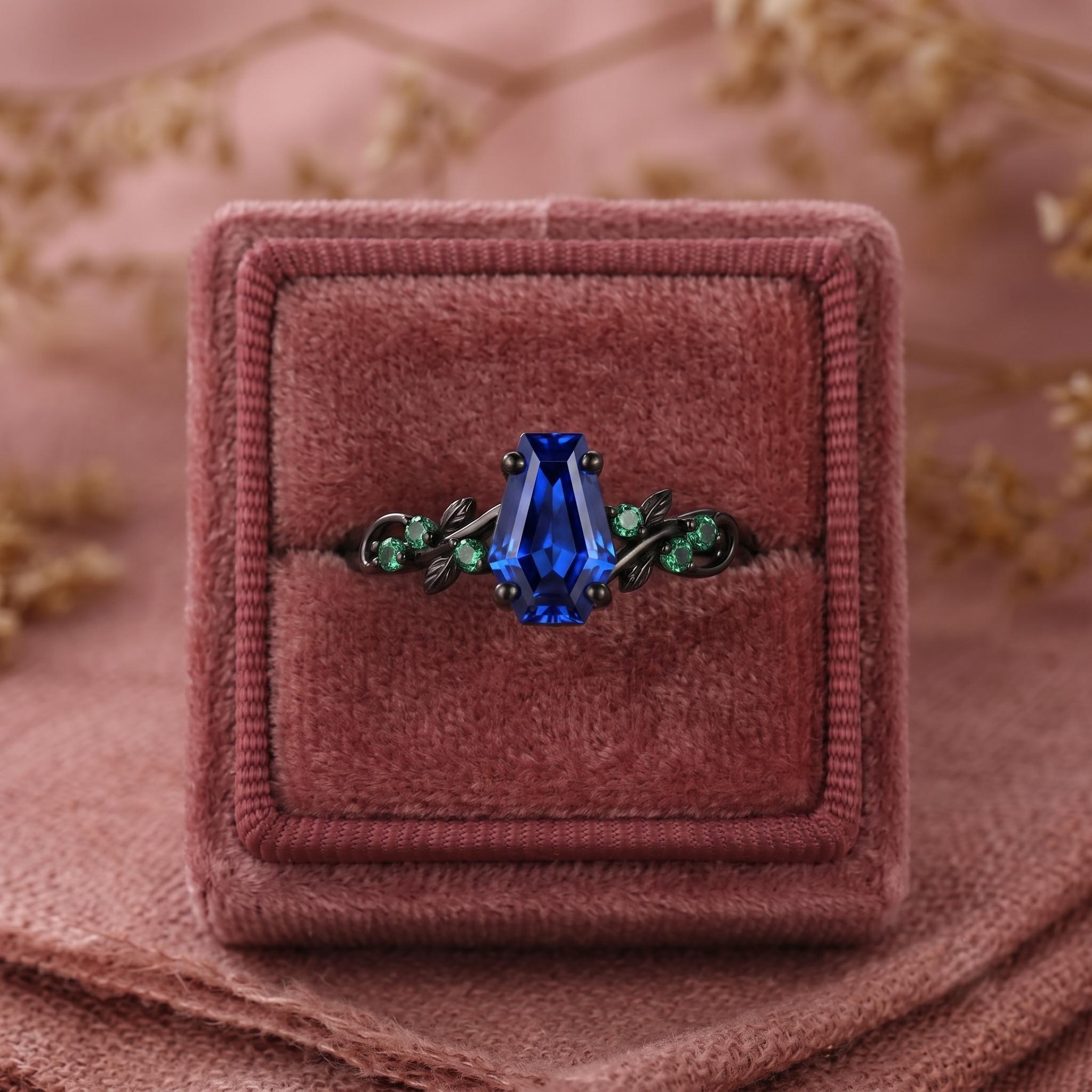 Blue Sapphire Coffin Ring, Black Gold Engagement Ring, Gothic Leaf Wedding Ring, Nature Inspired Promise Ring, Alternative Bridal Jewelry