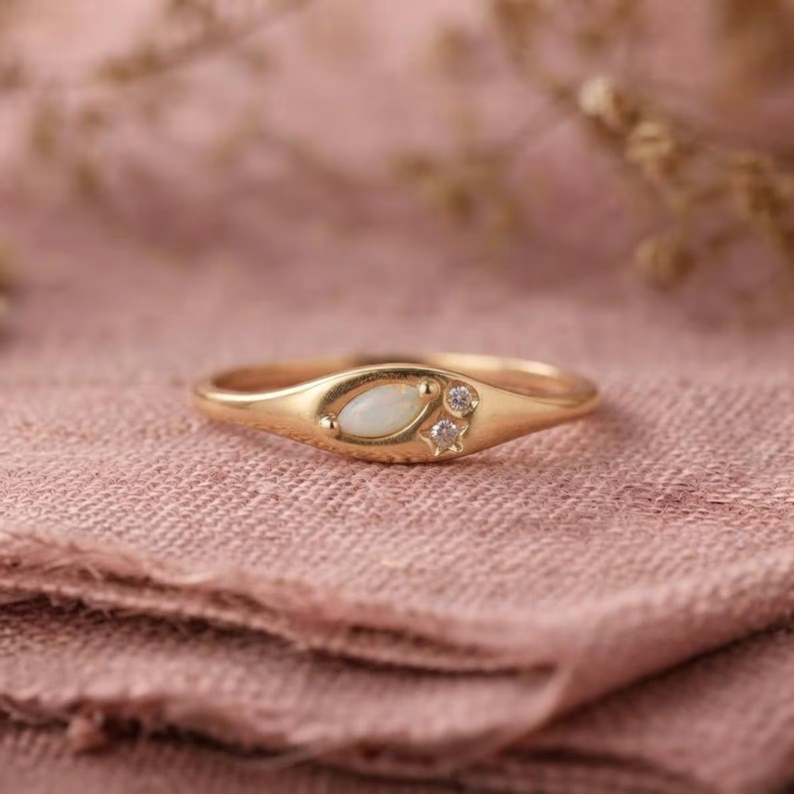 Unique Marquise Natural White Fire Opal Wedding Band, Solid Gold Signet Ring, Stacking Matching Diamond Band, Anniversary Ring Gift For Wife