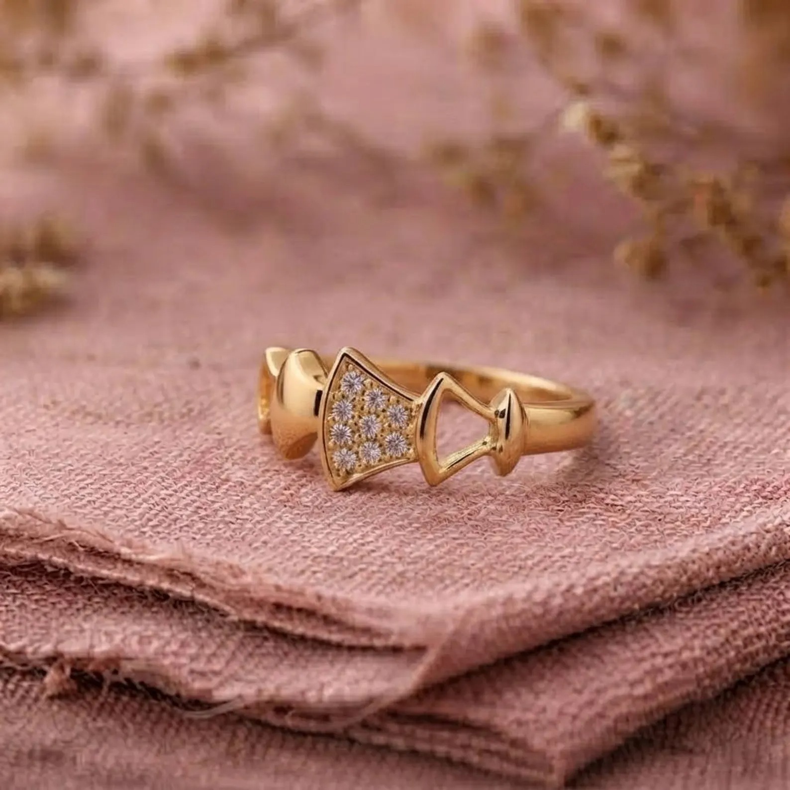 Gold Bow Ring, Pavé Moissanite Statement Ring, Unique Gold Engagement Ring Dainty Ribbon Ring, Feminine Bridal Jewelry, Diamond Gift For Her