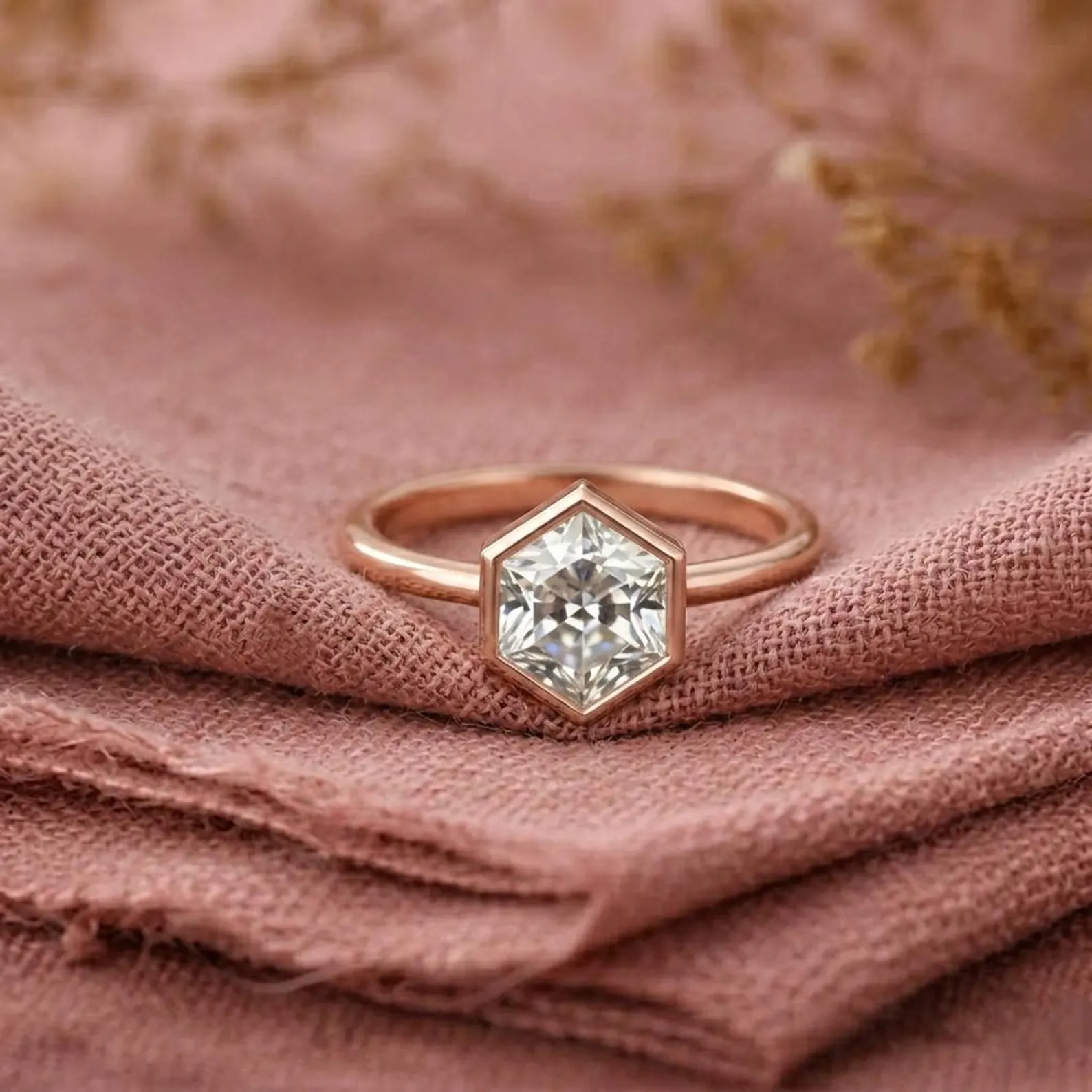Hexagon Moissanite Engagement Ring, Rose Gold Bezel Set Ring, Geometric Solitaire Ring, Minimalist Promise Ring for Her, Bezel Set Ring