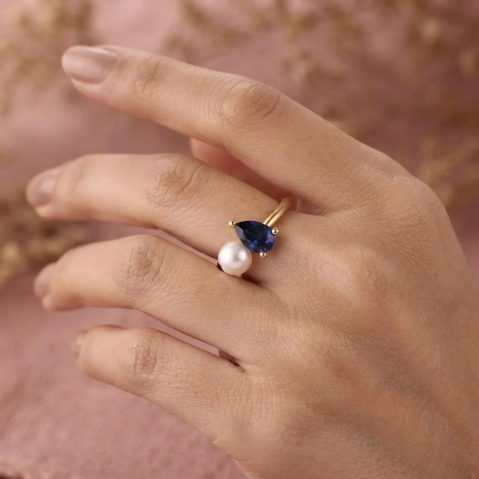 Toi et Moi Pearl And Sapphire Engagement Ring, Cluster Round & Pear Cut Two Stone Wedding Ring, Vintage Prong Set Anniversary Ring For Her