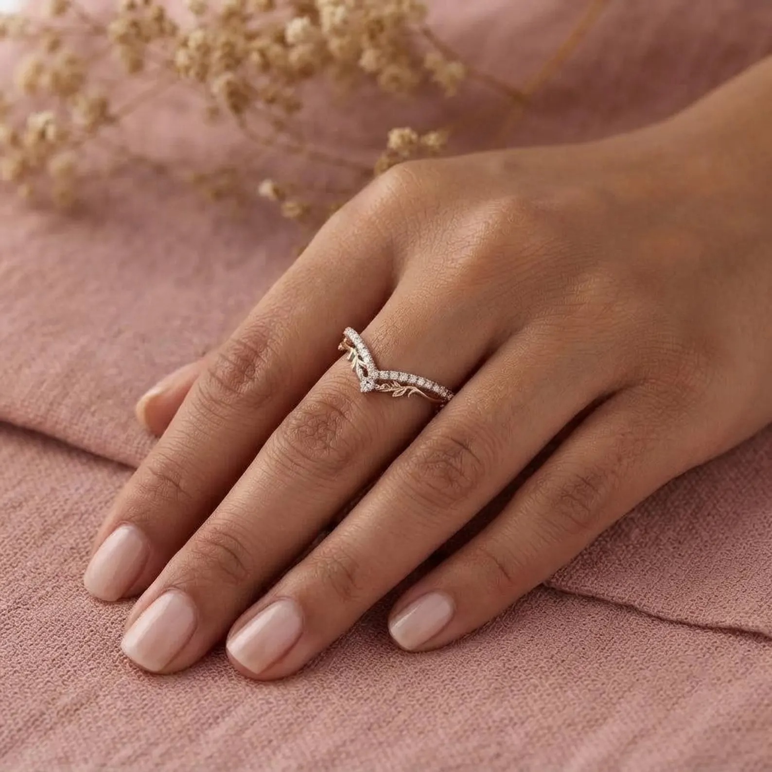 Curved Moissanite Wedding Band, V Shape Chevron Ring, Round Moissanite Leaf Band, Dainty Stacking Bridal Contour Ring, Diamond Alternative